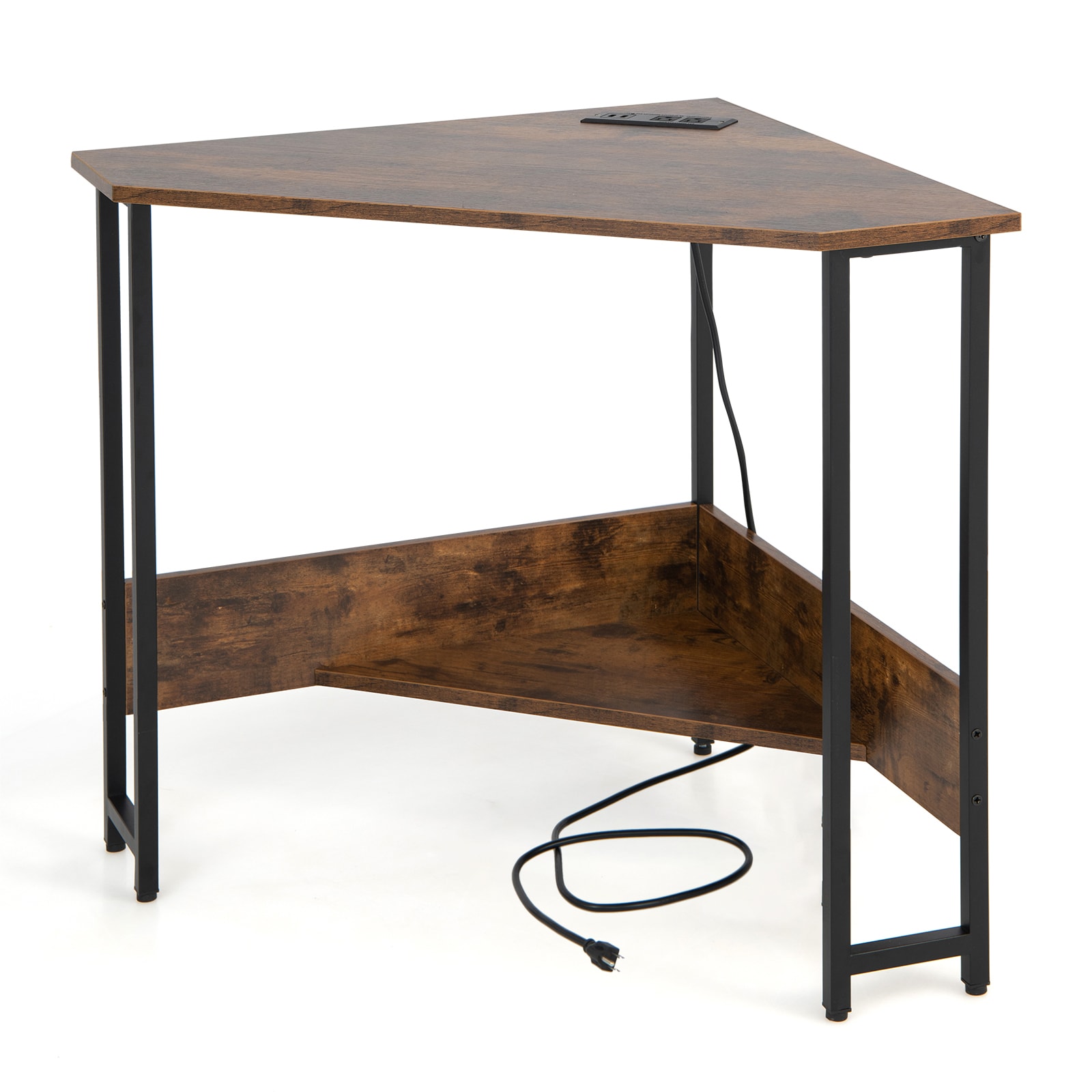 Slickblue D-CO-FC-SU51601VJ 40 Inch Rustic Brown Black Triangular Corner Desk with Charging Station Built In Power Ports Triangle Shelf Adjustable Feet No Chair No Hutch