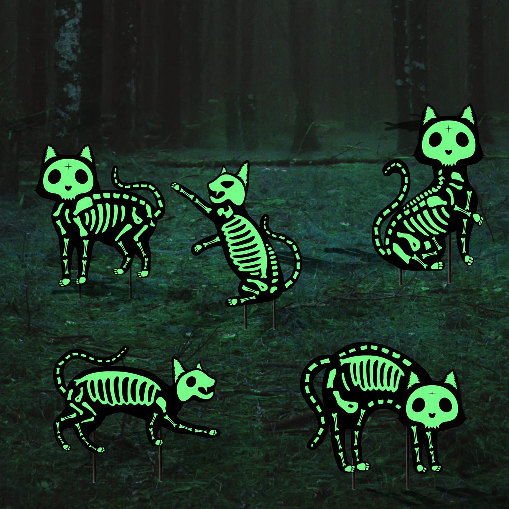 Numhew 14in x 11in 5 Piece Black Cat Skeleton Lawn Signs Halloween Yard Decorations