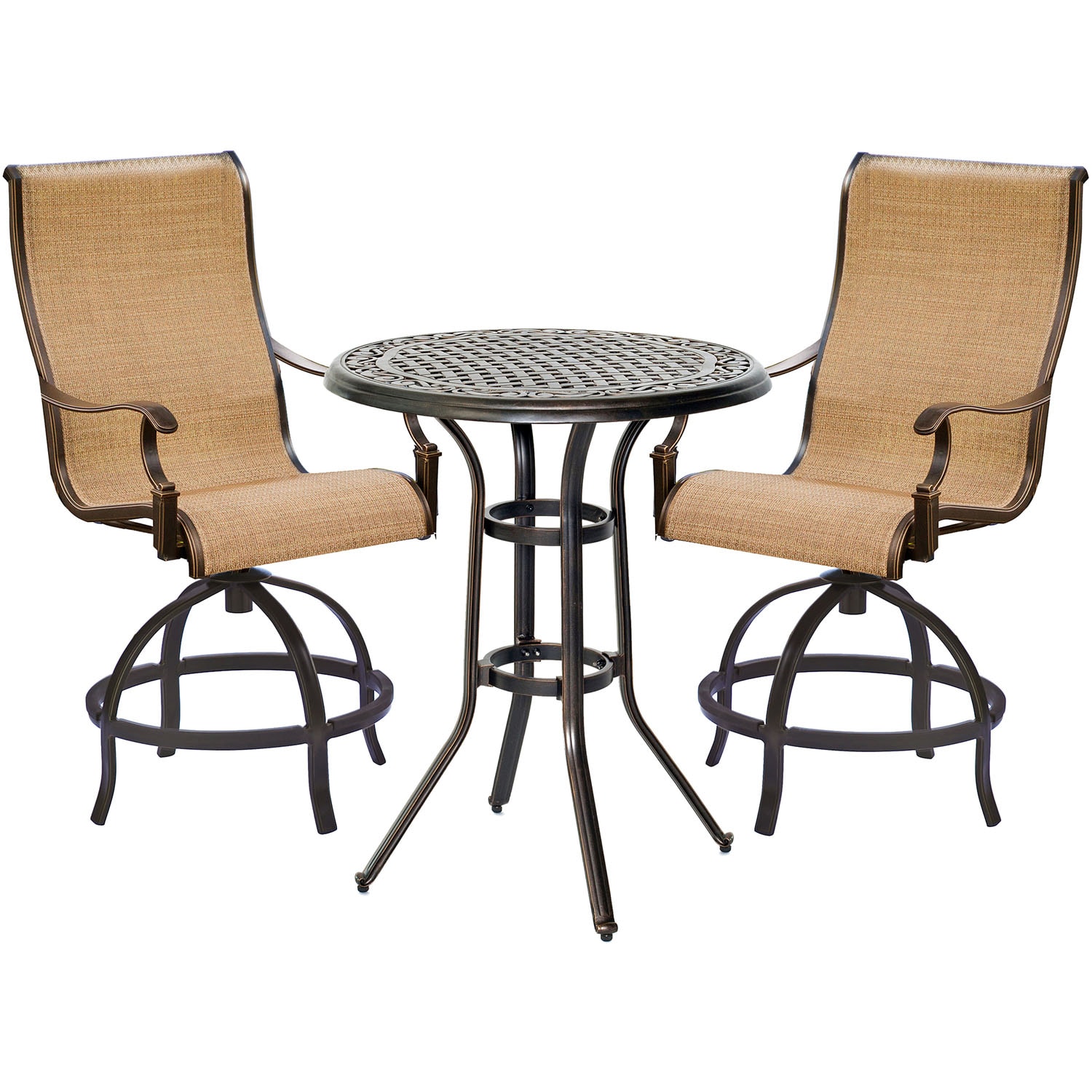 Hanover MANDN3PC-BR Manor 3 -Piece Bronze Counter height Aluminum Round Table with 2 Tan Swivel Chairs
