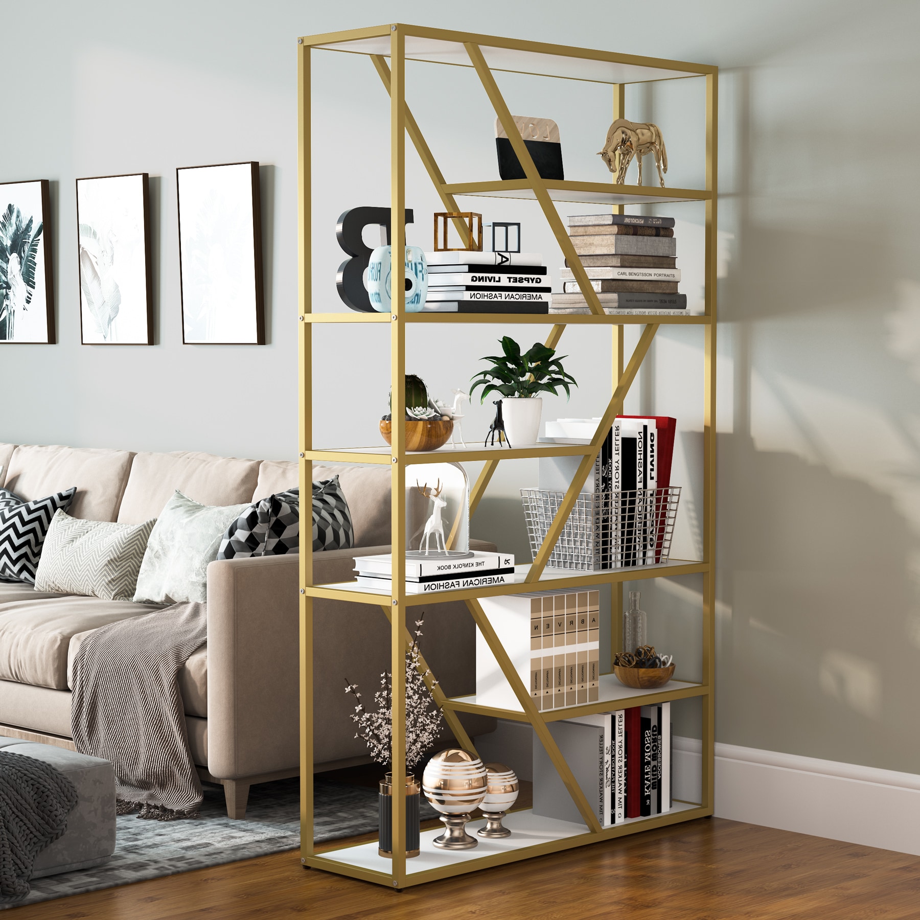 Tribesigns Hoga-CJ159 White + Gold Metal 7-Shelf Bookcase (39.3-in W x ...