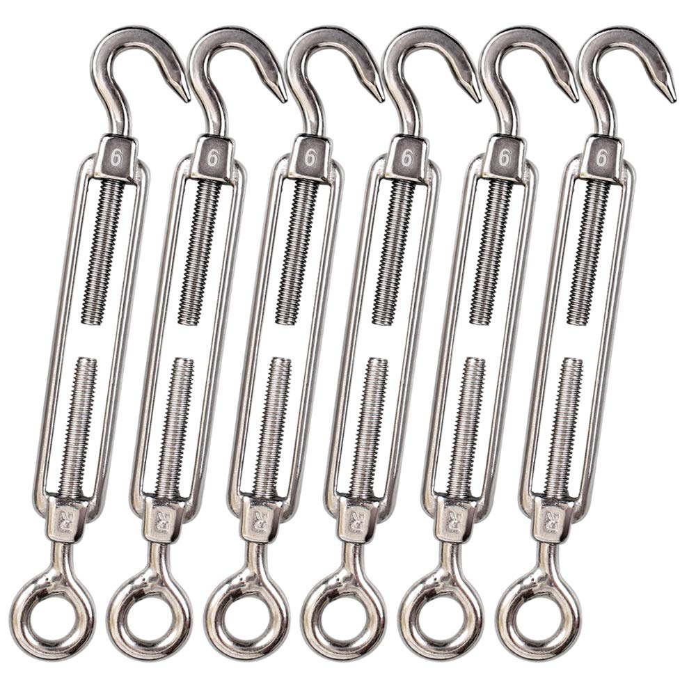 Phyfalip  M6 Hook and Eye C to O Turnbuckle Stainless Steel Hardware Kit for Wire Rope Tension Heavy Duty Sun Shade Tent Installation 6 Packs