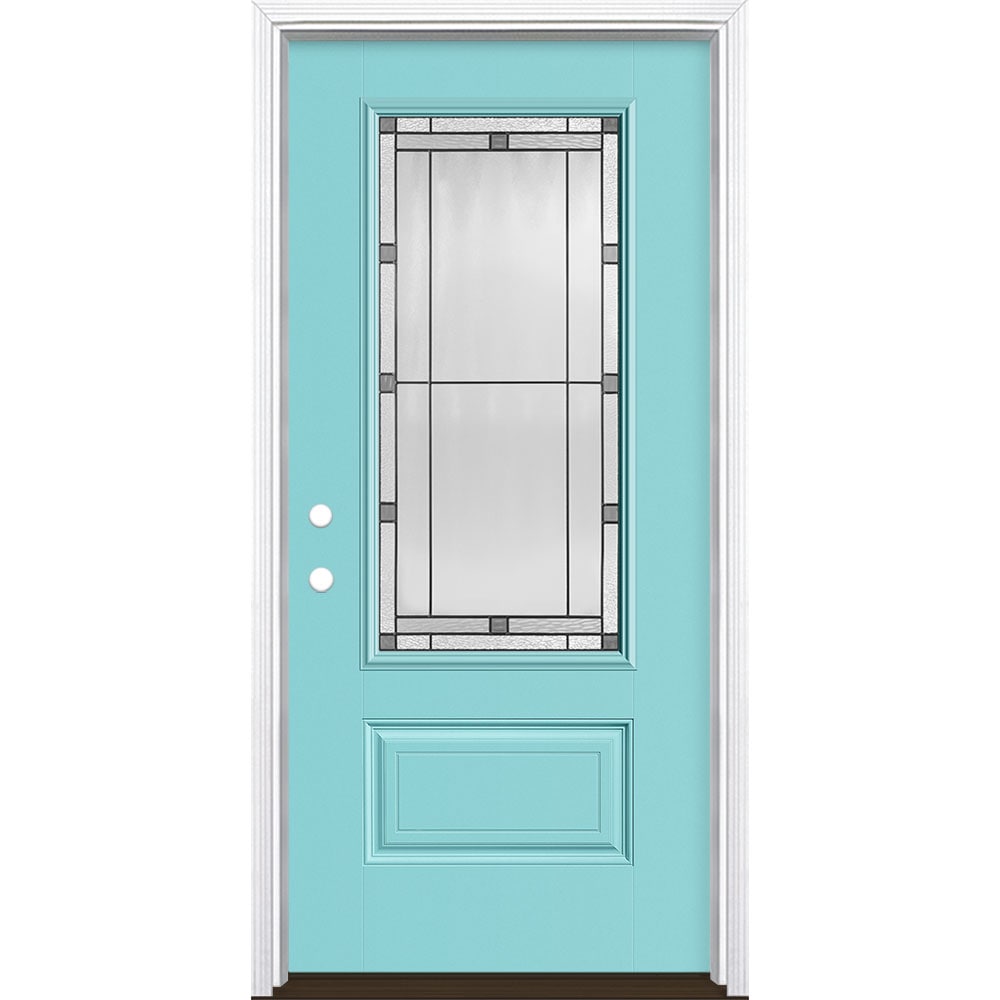 Masonite 3350507 Avenue 36-in x 80-in x 4-9/16-in Fiberglass 3/4 lite Right-hand inswing Caribbean Blue Painted Prehung Front Door with Brickmould Insulating core