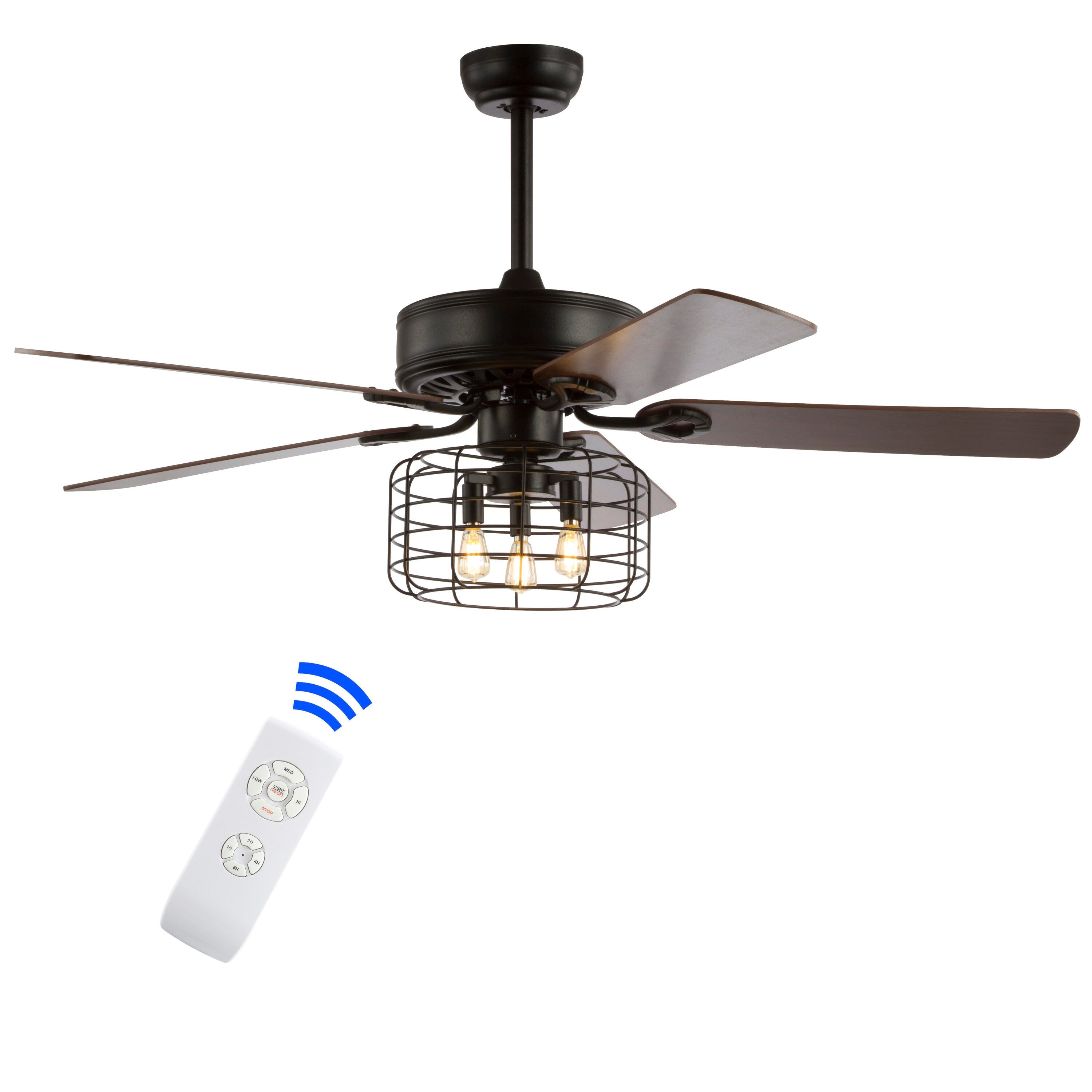 JONATHAN Y Asher Industrial Metal/Wood 52-in Forged Black with Walnut/Red walnut Blades Ceiling Fan With Light - Remote Included ( 5 -Blade )