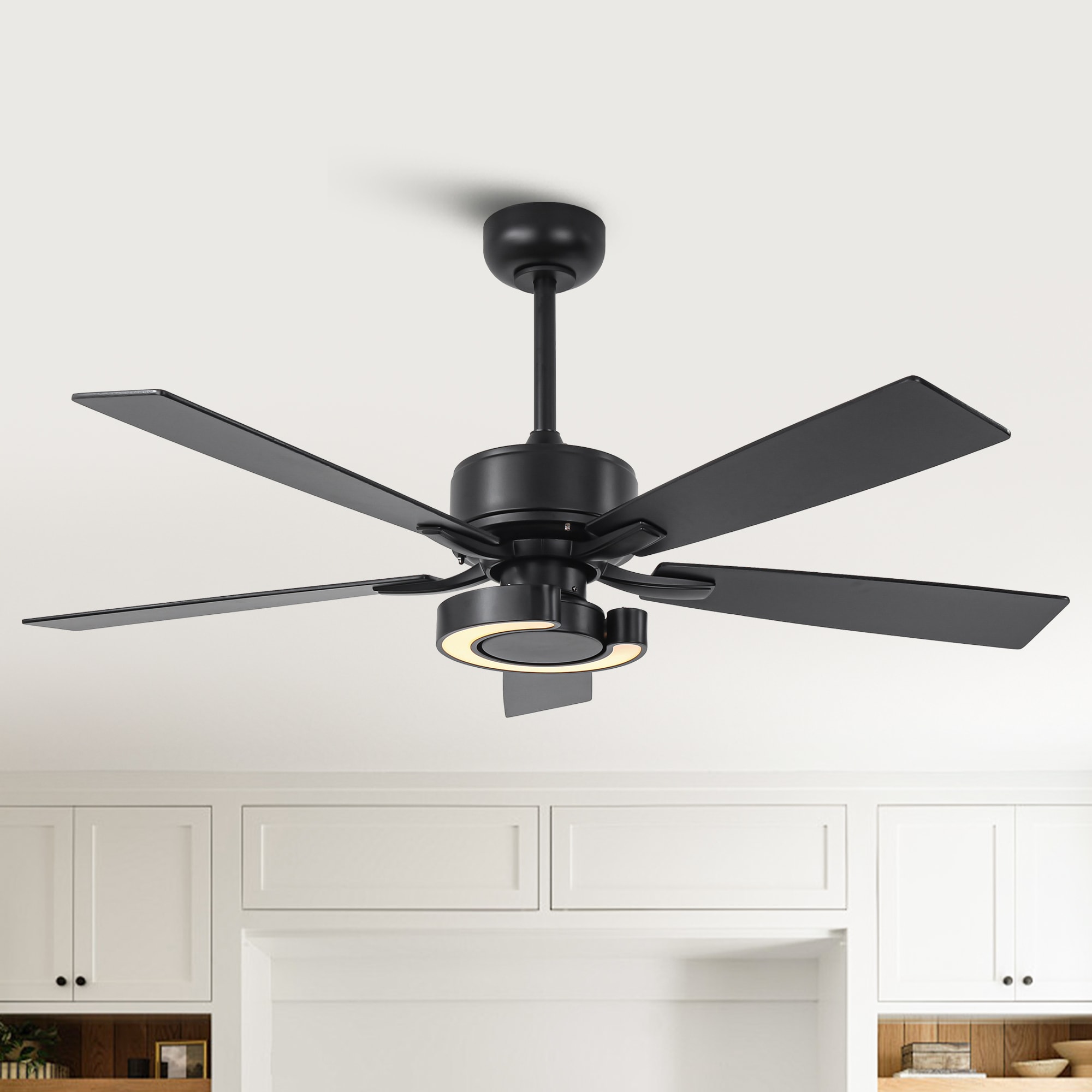 Parrot Uncle F6018BK 52-in Color-Changing Integrated LED Matte Black with Matte Blades Ceiling Fan With Light - Remote Included ( 5 -Blade )