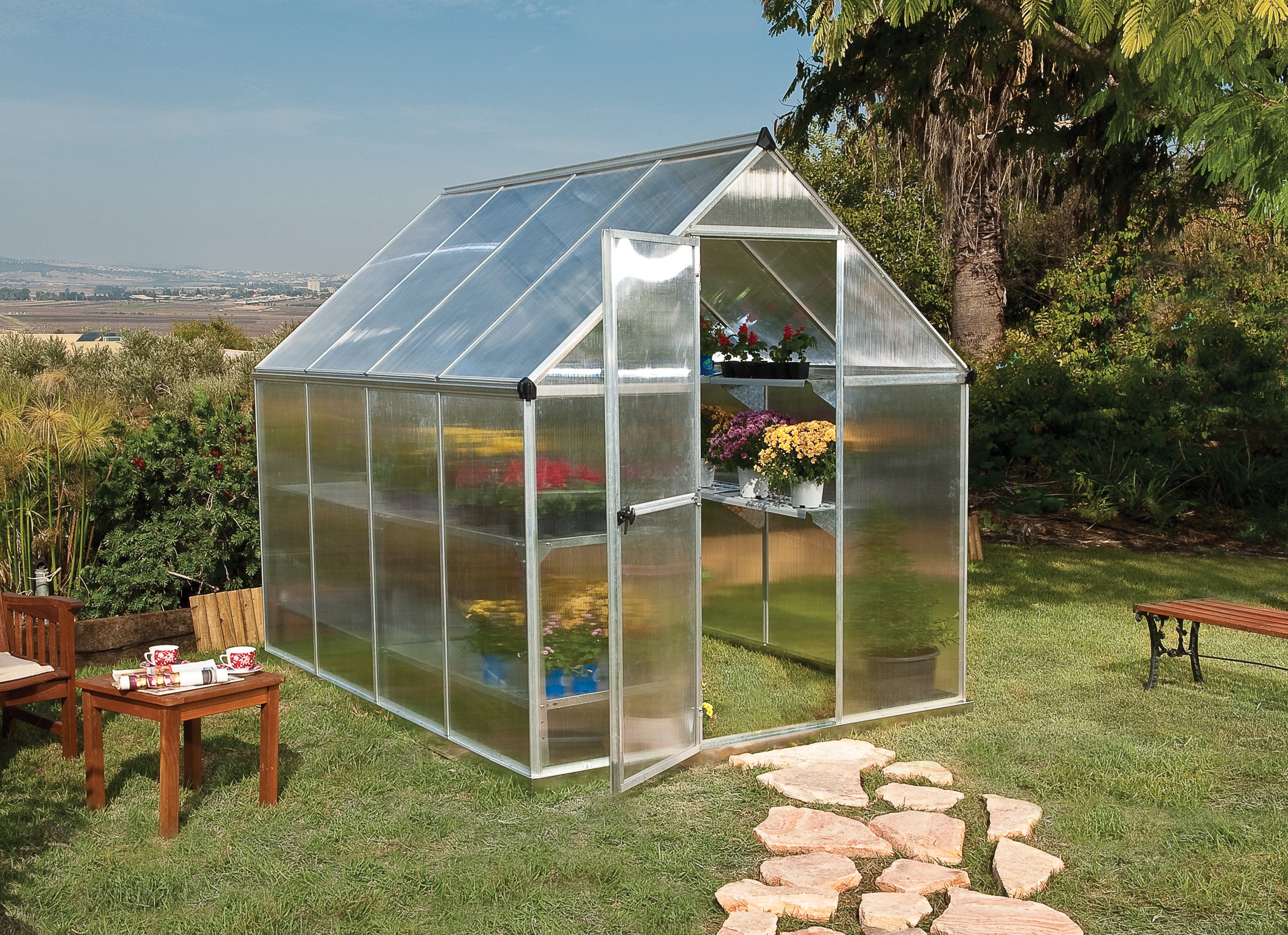 Silver Polycarbonate Aluminum Frame Walk-In Greenhouse 6' x 8'