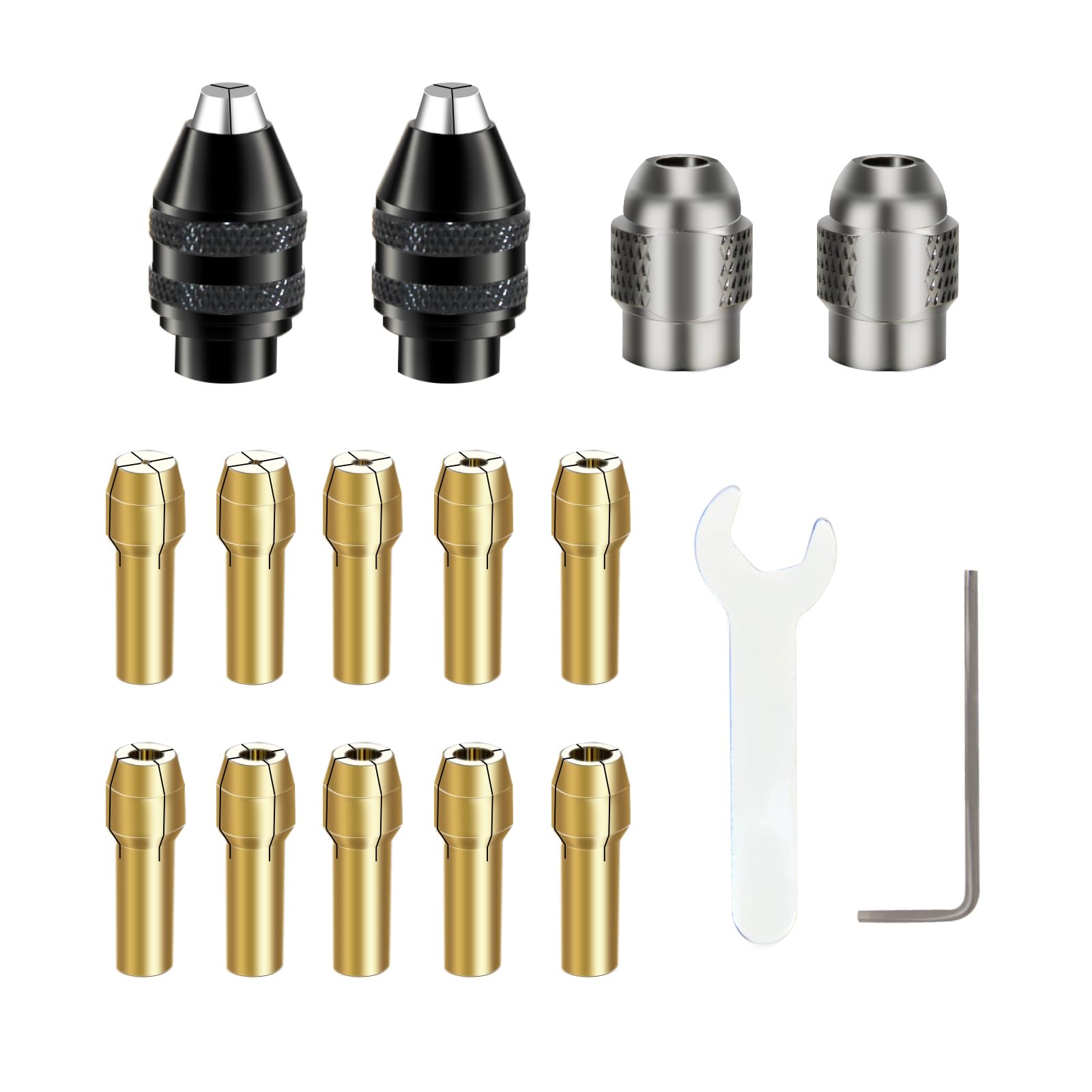 DYRCJ  Drill Chuck Collet Set for Rotary Tools 16 Pieces Includes Brass Collets Alloy Chucks and Wrenches for Quick Change and Secure Grip