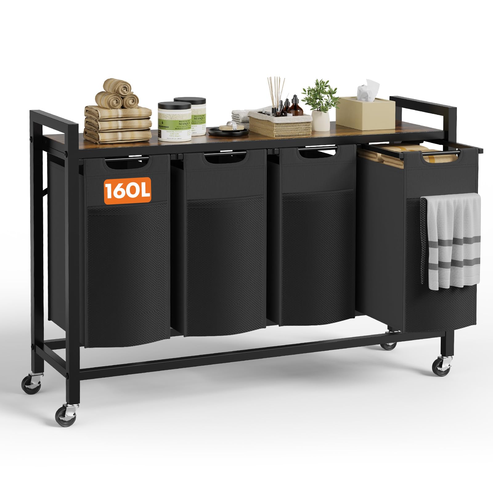 Atilioo 4 Section Laundry Sorter 160L Rolling Laundry Hamper with Pull-Out Removable Bags and Lockable Wheels Clothes Separator Cart for Bathroom Bedroom and Laundry Room