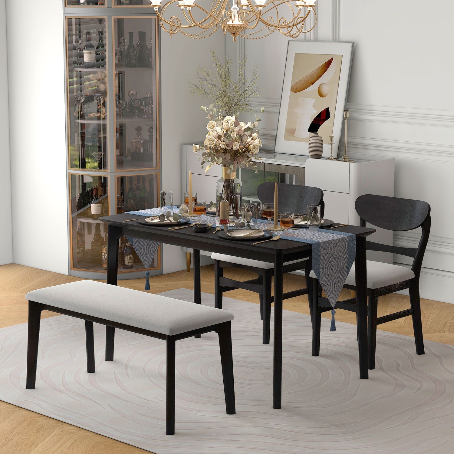 JASMODER ST000019AAP Dining Table Set For 4, Kitchen Table With 2 Chairs And 1 Bench, Solid Wood Frame And Soft Cushion For Small Space, Dining Room, Office (Espresso)
