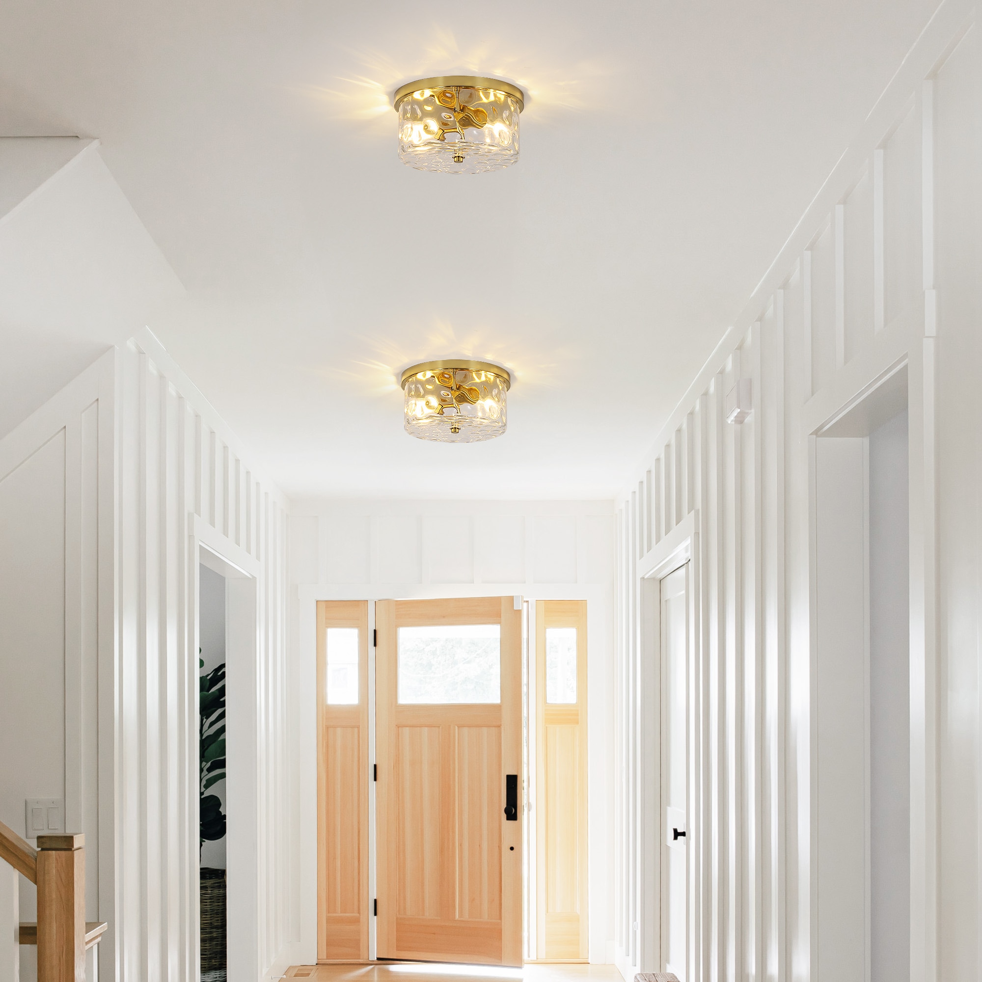 Antiqued Gold 9.8" Flush Mount Ceiling Light with Ripple Glass