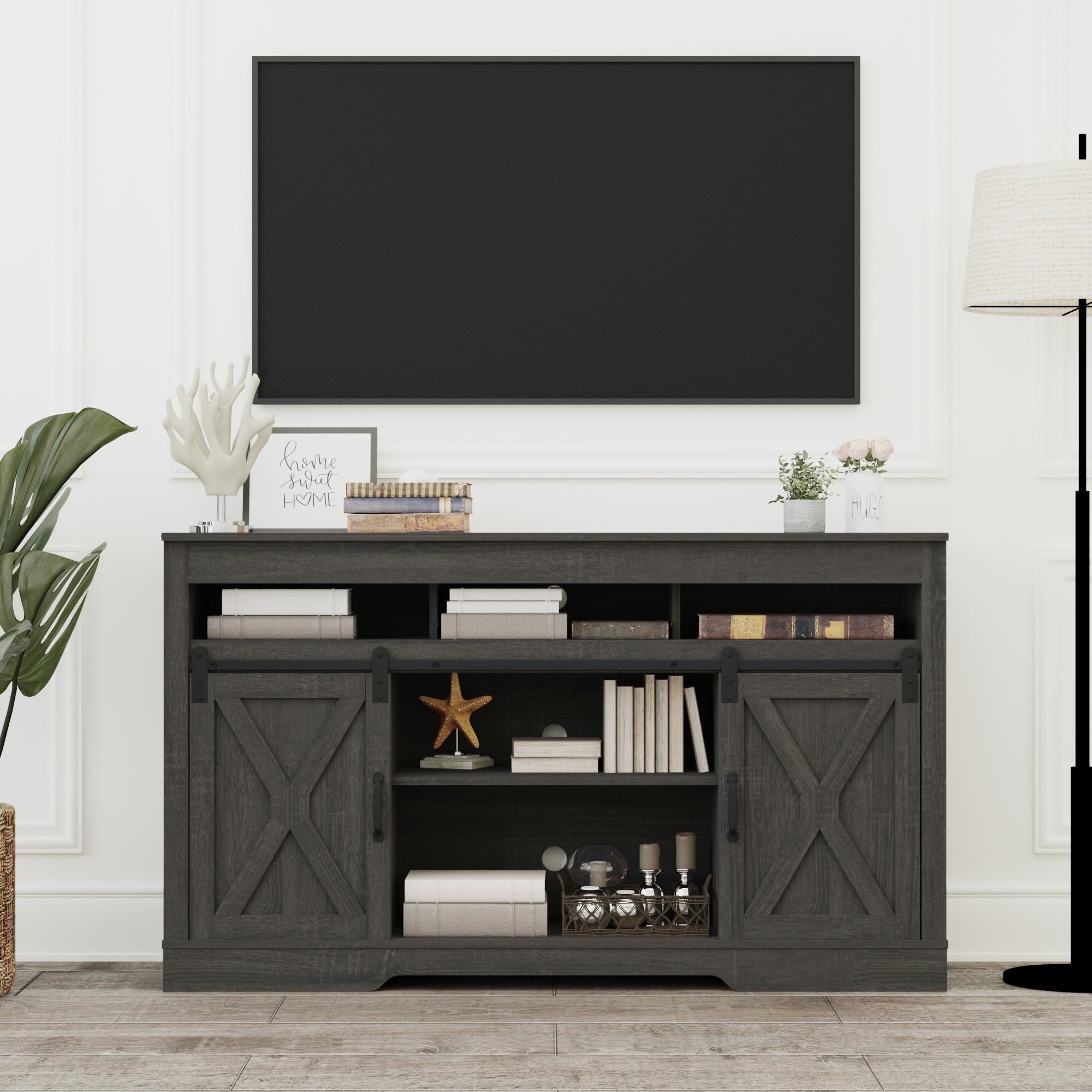 JPJPUU 34-inch Tall Farmhouse TV Stand with Sliding Barn Door Wood Media Console Storage Cabinet for Living Room Dark Grey