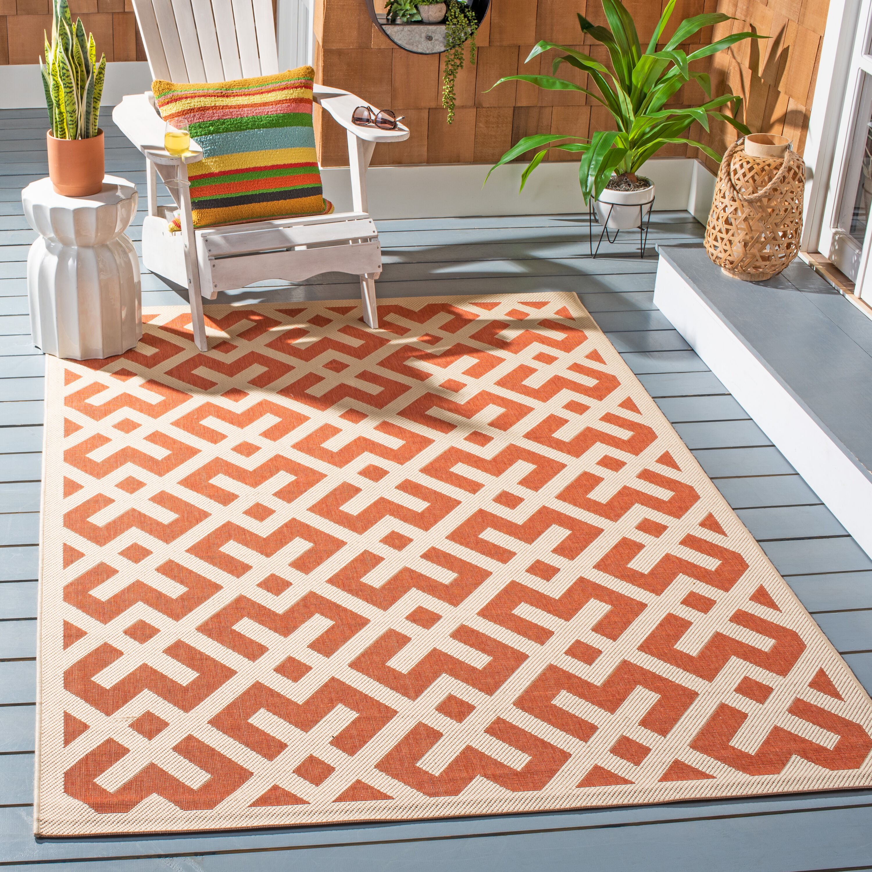 Safavieh CY6915-231-4SQ Courtyard Chateau 4 x 4 (ft) Loomed Polypropylene Terracotta/Bone Square Indoor/Outdoor Geometric Coastal Area rug