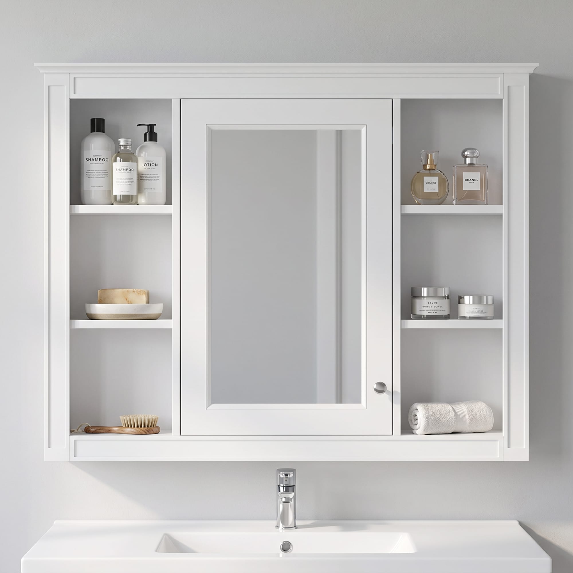 Homy Casa 35 in W Pearl White Bathroom Medicine Cabinet with Mirror Surface Mount 6 Open Shelves Towel Bar and Soft Close Door