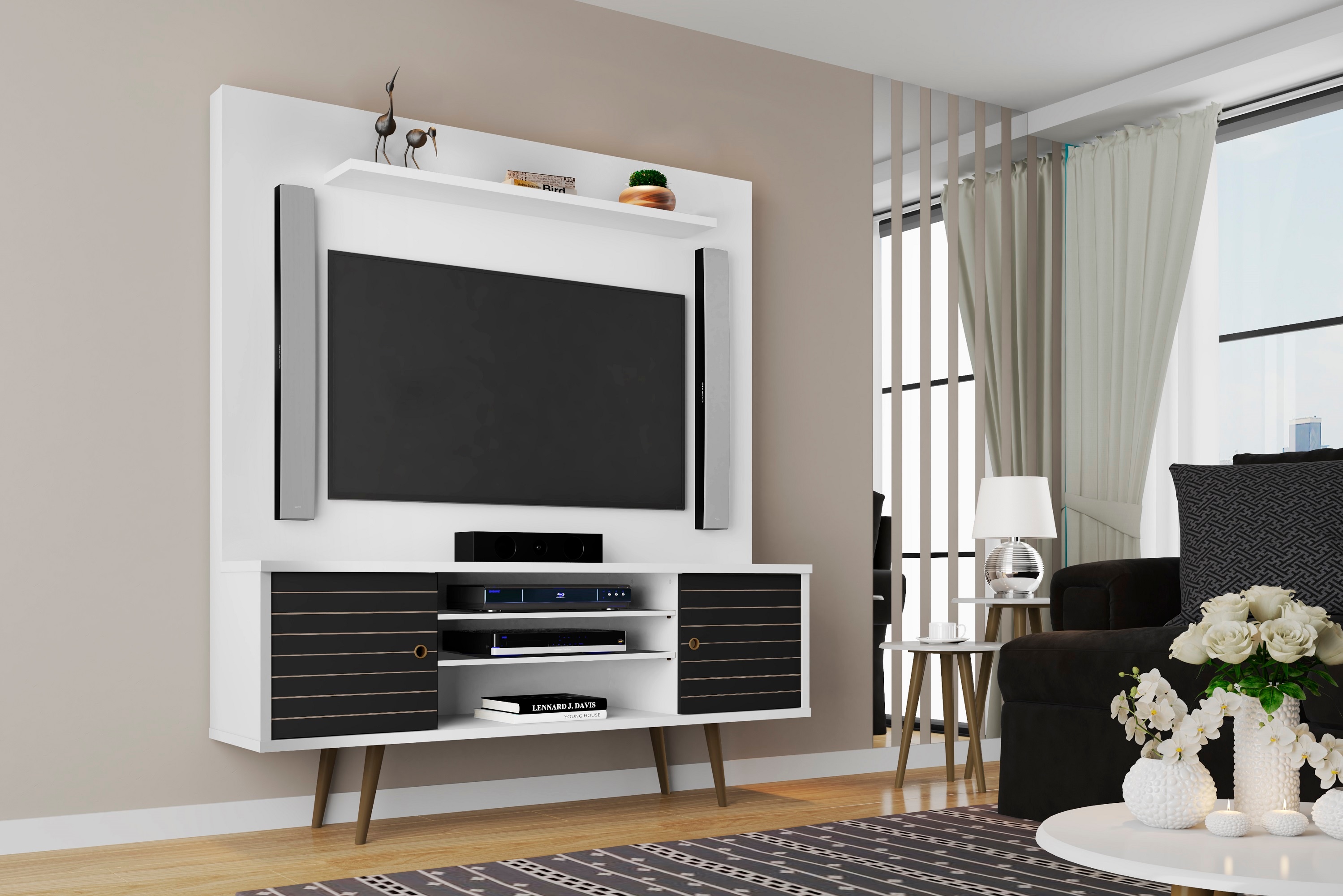 Manhattan Comfort 213BMC68 Liberty Modern/Contemporary White and Black TV stand Integrated TV Mount ( Accommodates TVs up to 60-in )