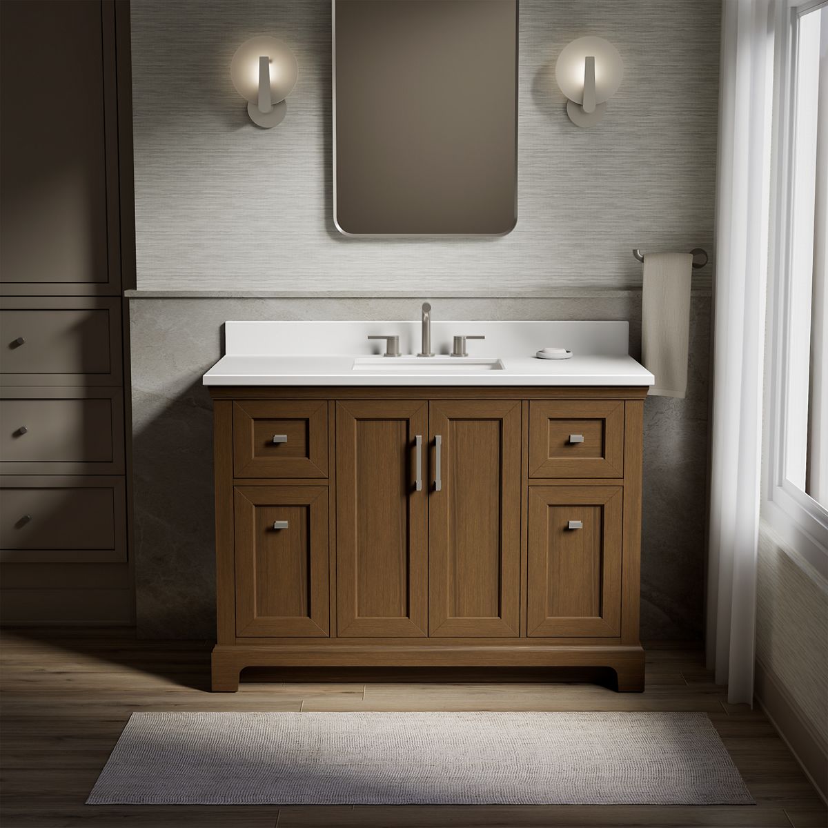 KOHLER 29262-BD1-DAK Charlemont 48-in Draper Oak Undermount Single Sink Bathroom Vanity with White Quartz Top
