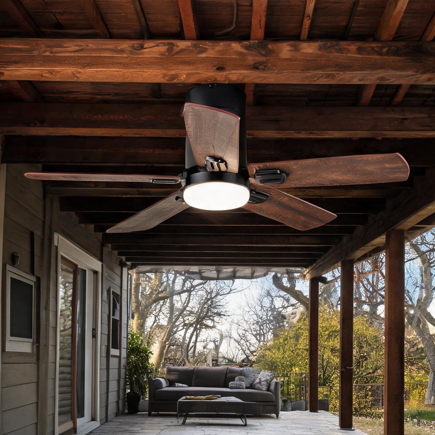 Naturefalls Solid Wood 42-Inch Low-Profile Ceiling Fan with Dimmable LED Light and Remote Jet Black with Dark Walnut Blades for Bedroom and Covered Patio Use