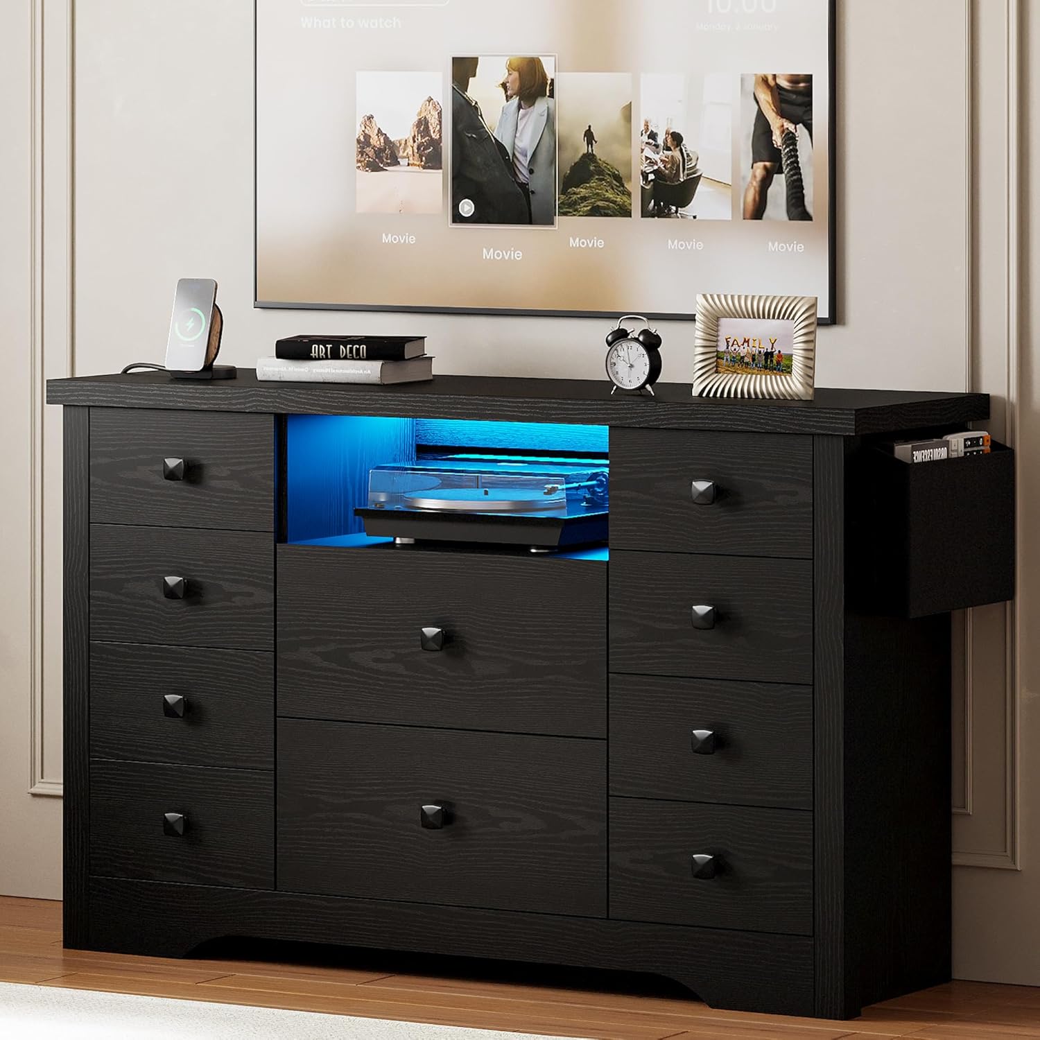 Likimio USAN1059013 47.24-in W Black 10 drawers Dresser with LED Lights and Power Outlets