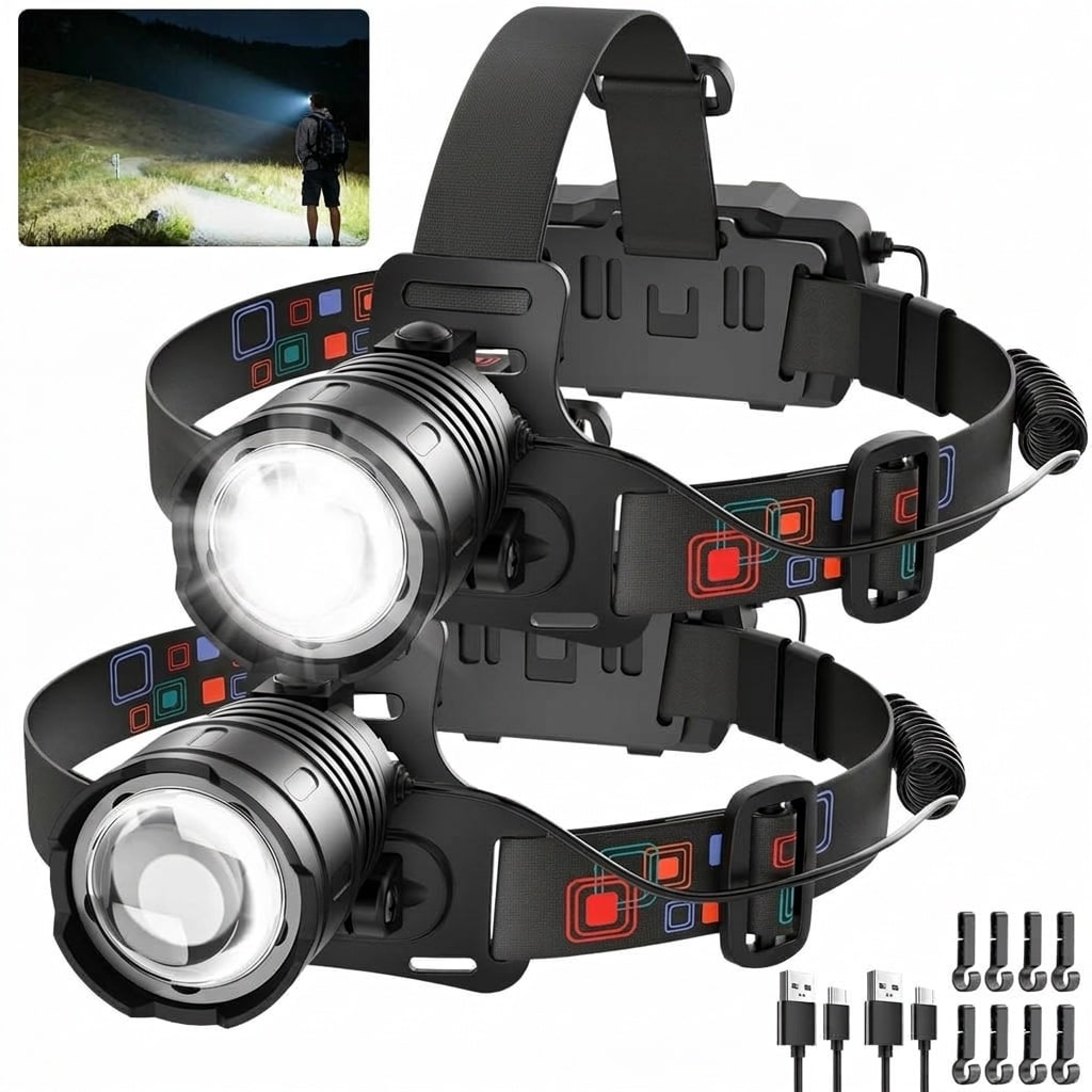 Lukvuzo Rechargeable LED Headlamp 3000 Lumen 4 Modes Adjustable Focus 90 Degree Rotating Headlight 2 Pack for Camping Hiking Hard Hat #LLU0427P13