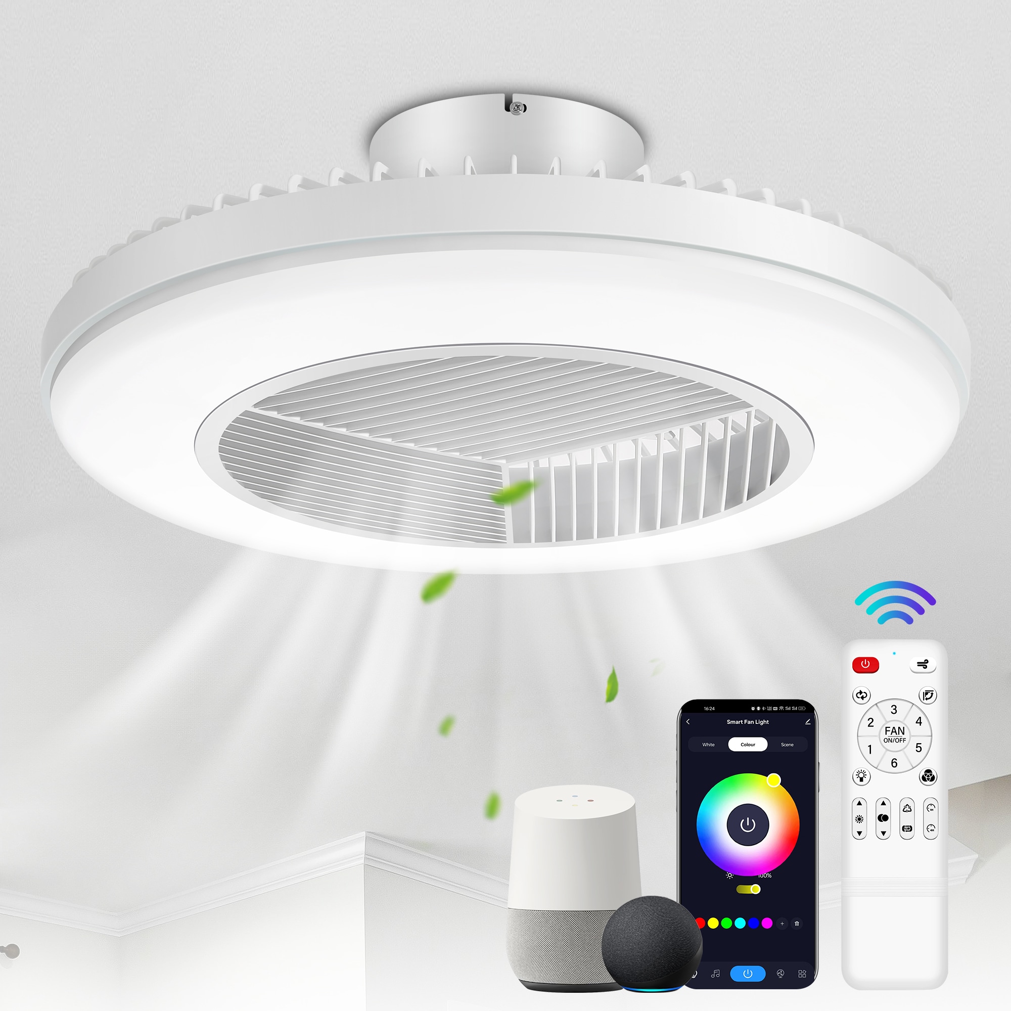 Breezary 32015-WH 20-in Color-Changing Integrated LED Flush Mount Matte White with Clear Blades Fandelier Ceiling Fan With Light - Remote Included ( 7 -Blade )