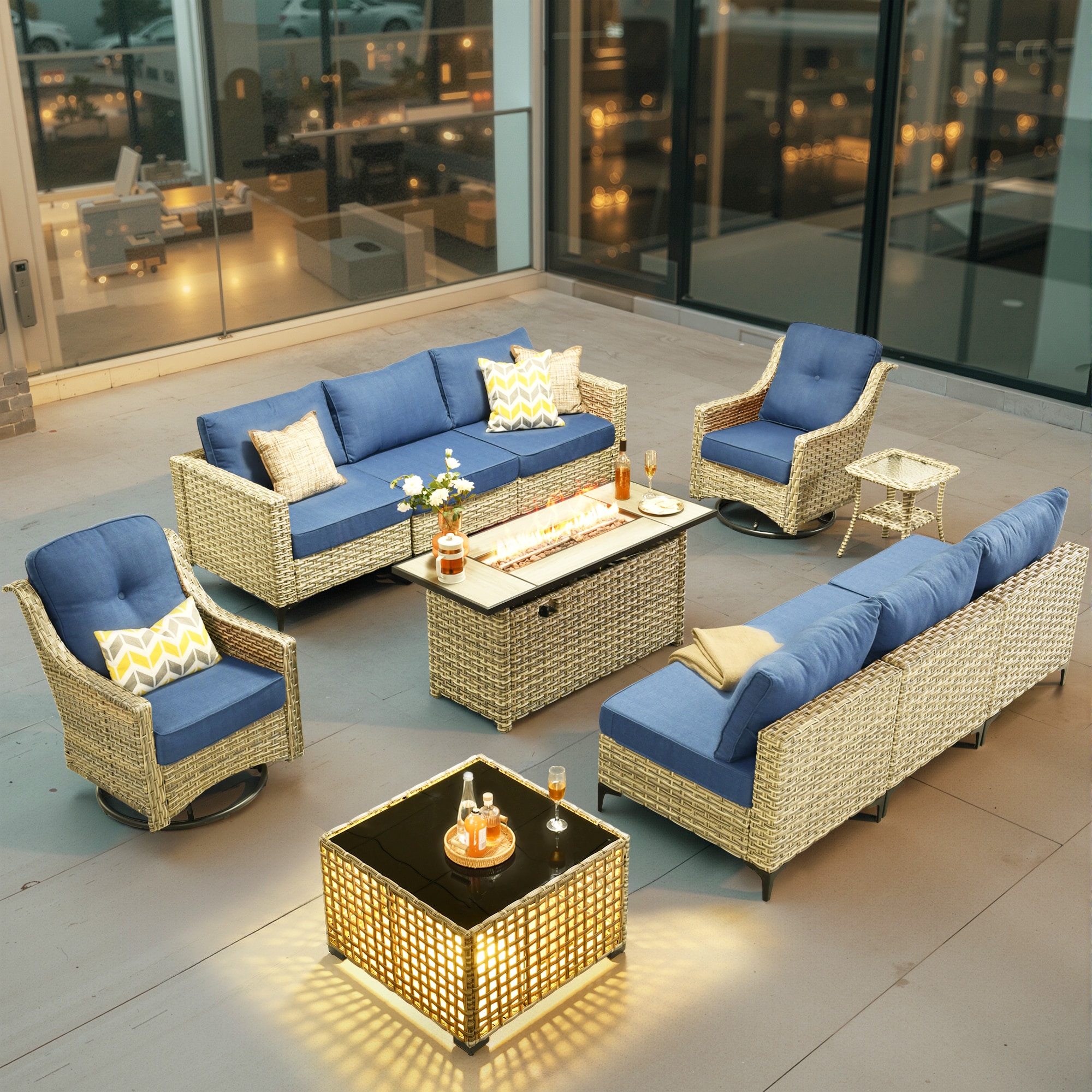 weaxty HMBCFP8503-PYZDSC511 Lotus Wicker Outdoor Sectional with Blue Cushions and Steel Frame