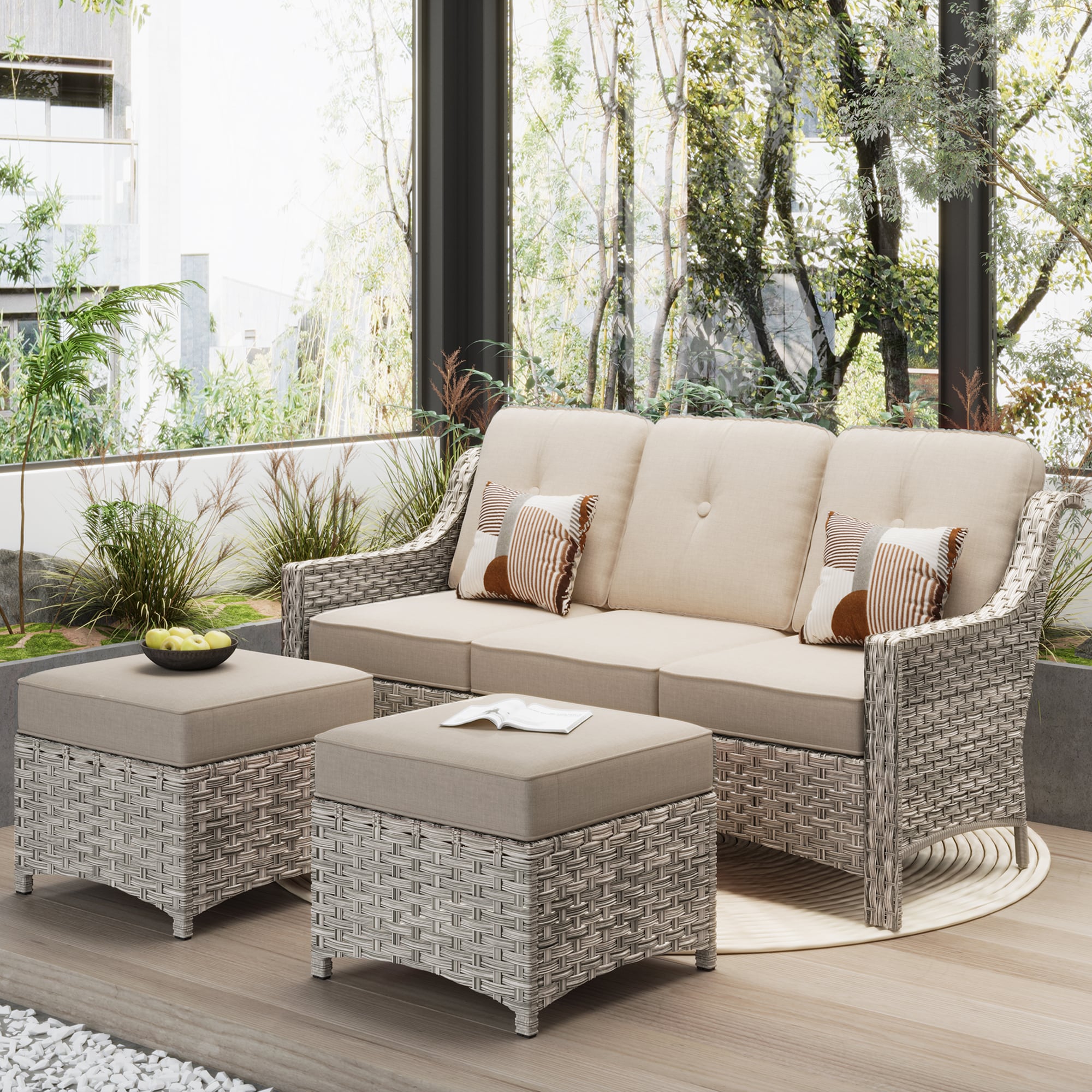 Ovios PD6021O 3 -Piece Wicker Patio Sofa Conversation Set with Beige Cushions