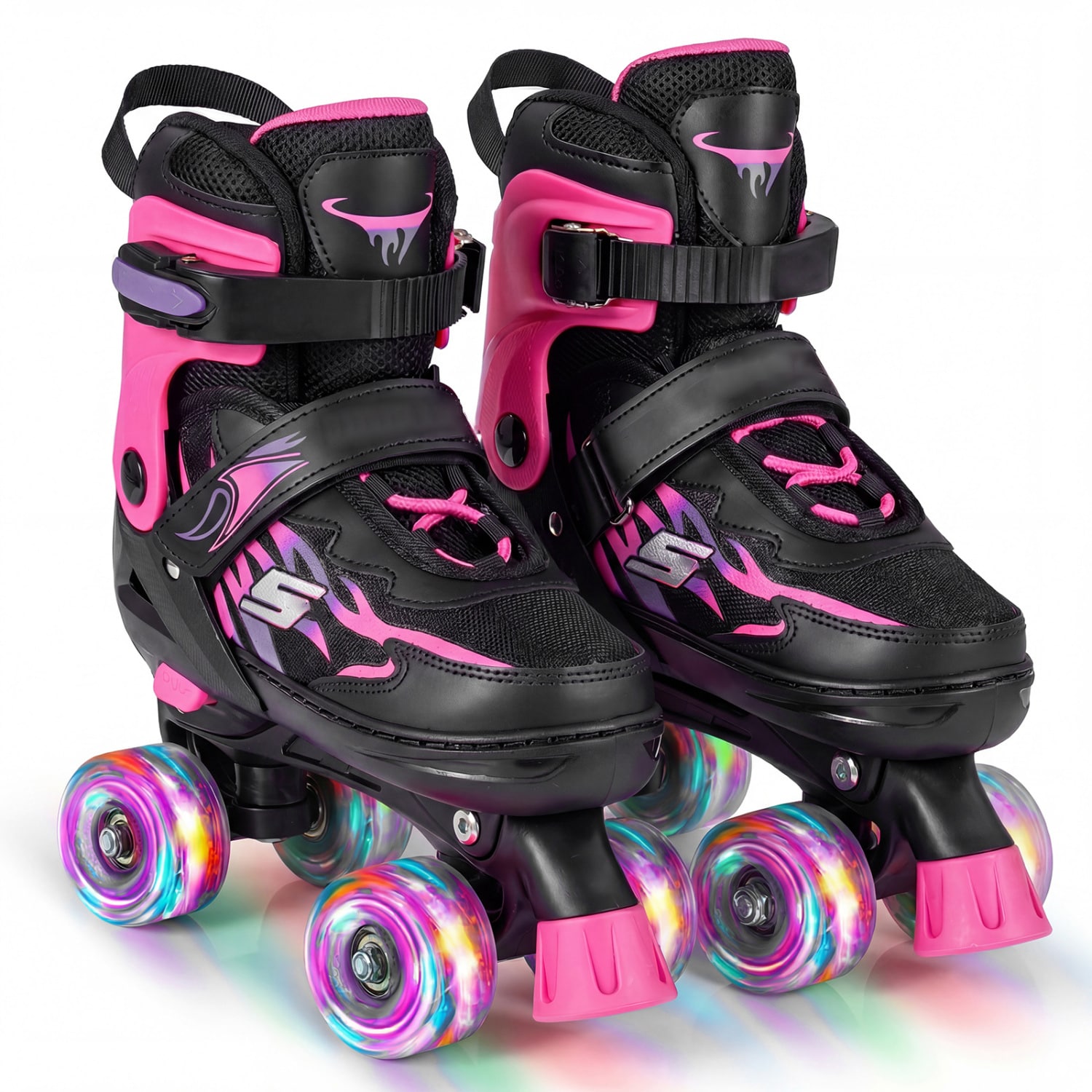 Slickblue Kids Adjustable Roller Skates for Indoor Floors and Outdoor Paths Ages 7 to 9 with Motion Activated Light Up Wheels Buckles Straps Laces Pink