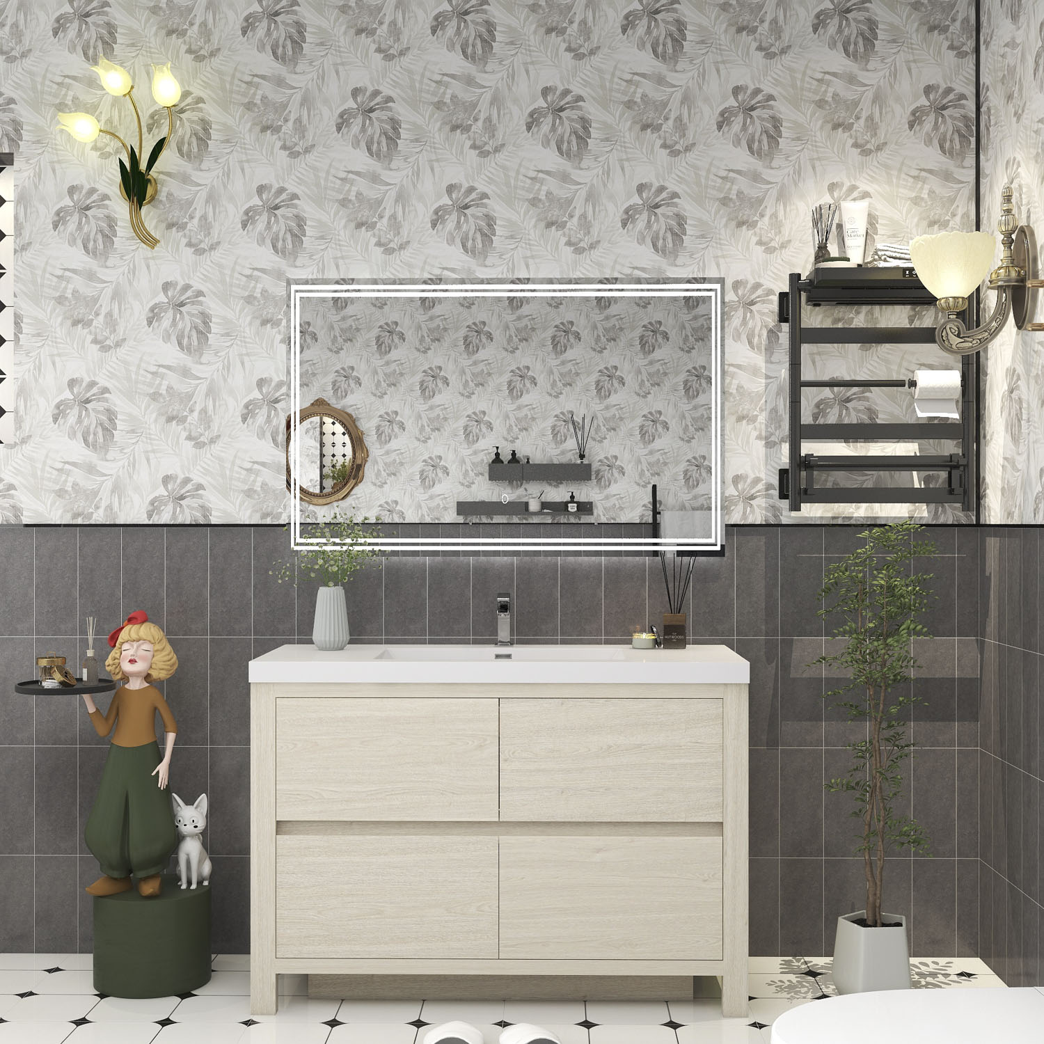 BV Better Vanity LOUIS48FS-LW Louis 48-in Light Wood Single sink Bathroom Vanity with White Acrylic Top