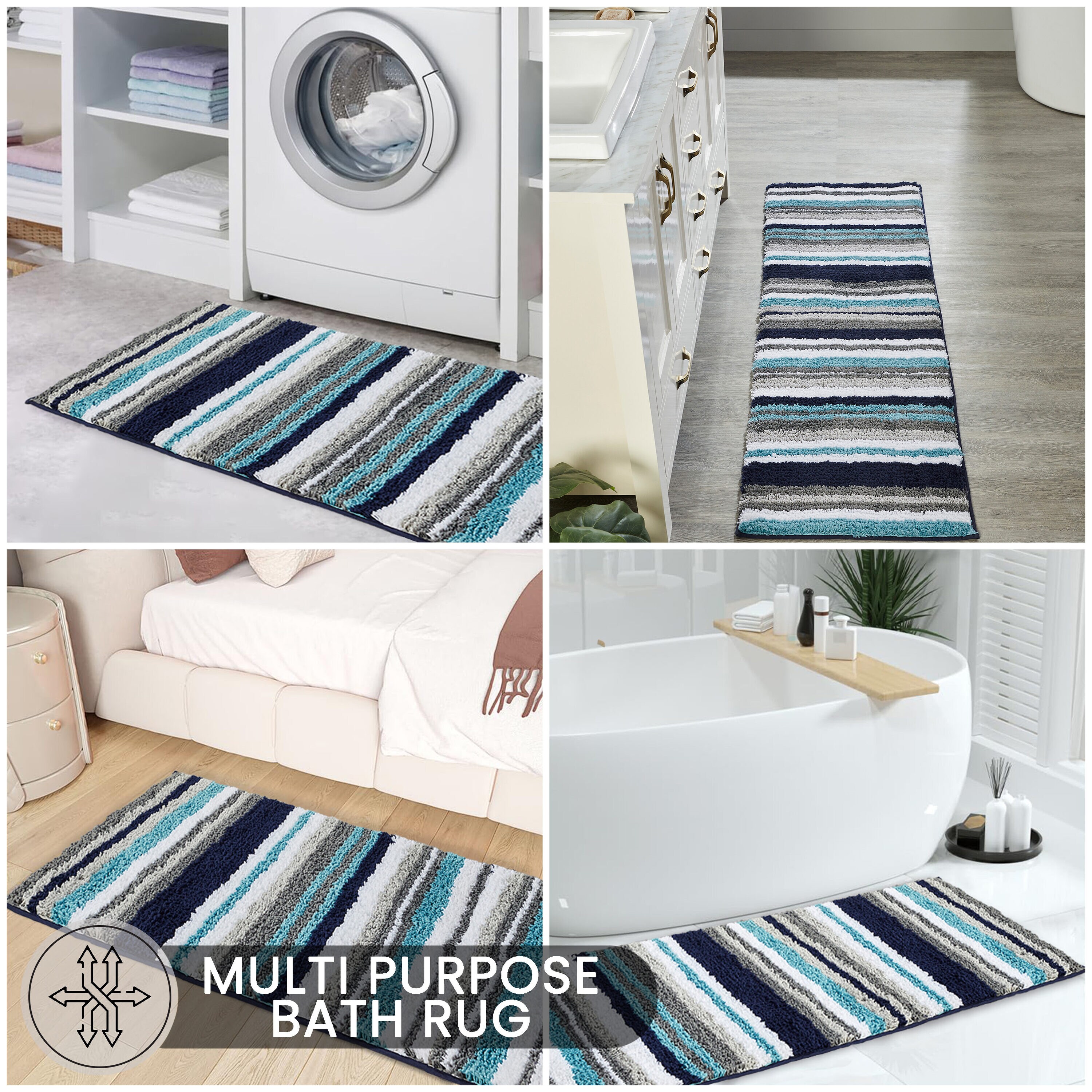 Griffie Blue and Gray Polyester Striped Bath Runner Rug