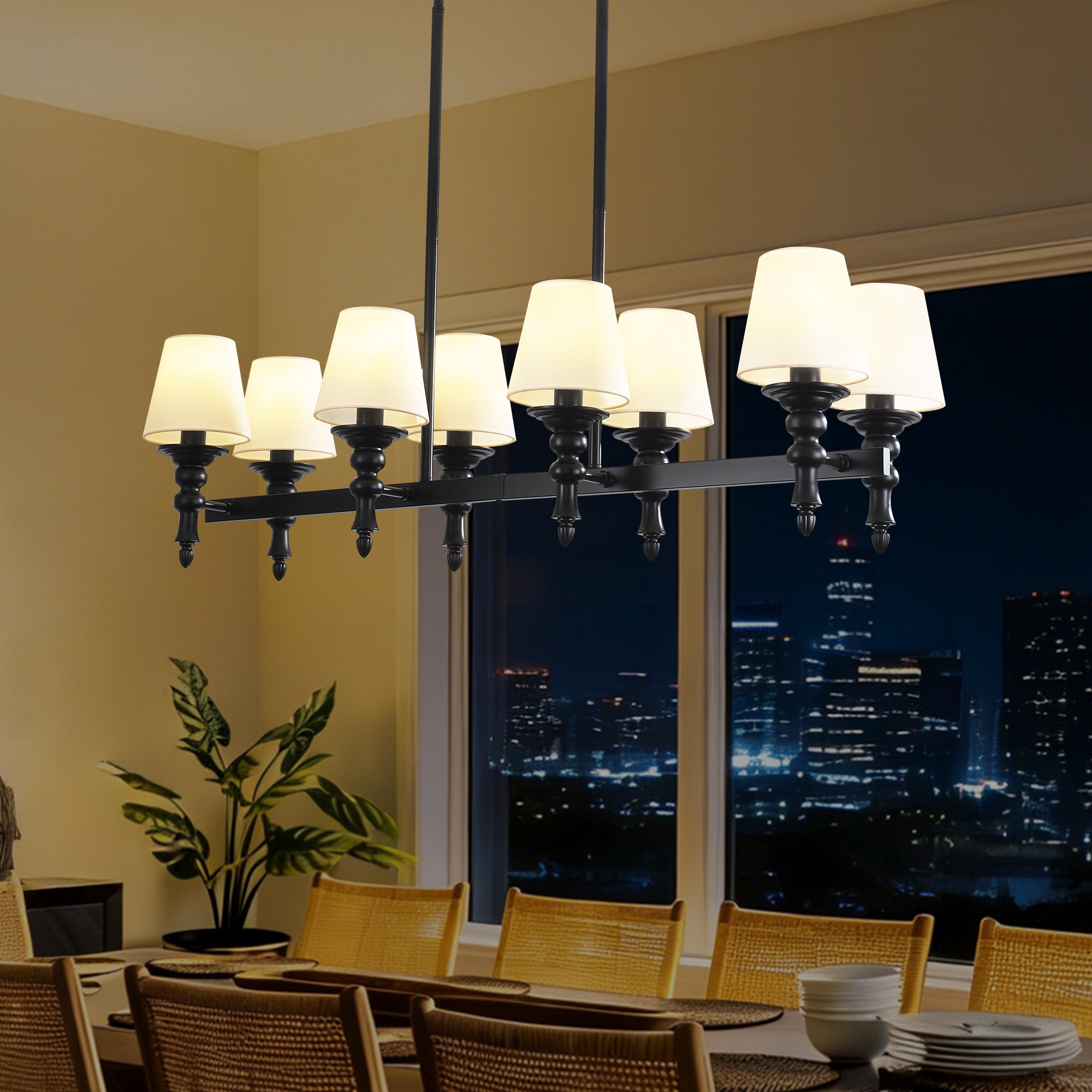 Zjvaive - 41.34 Inch 8 Light Dimmable Classic Matte Black Linear Chandelier with Fabric Shades