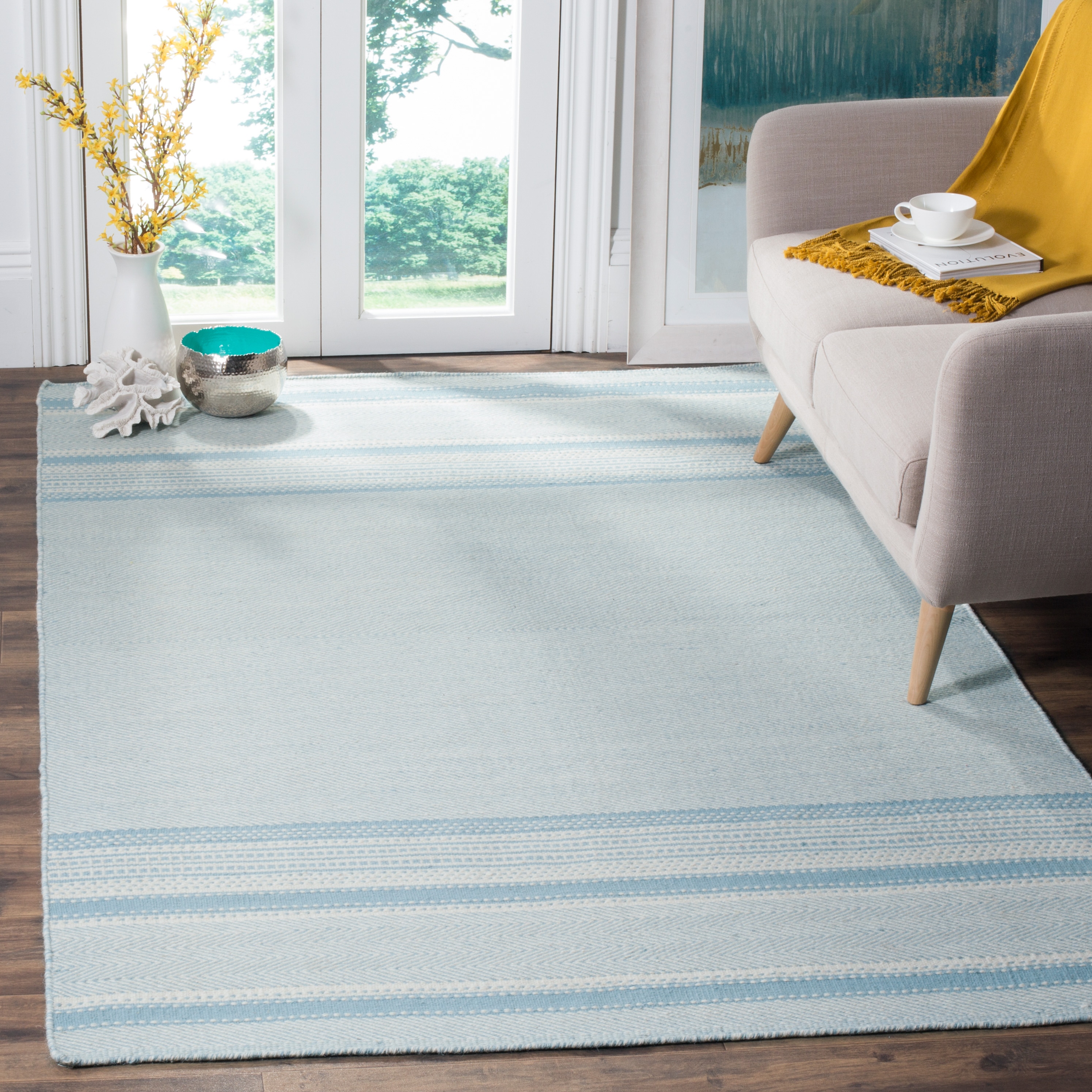 Safavieh KLM419A-8 Kilim Diya 8 x 10 (ft) Wool Light Blue/Ivory Rectangular Indoor Stripe Oriental Area rug