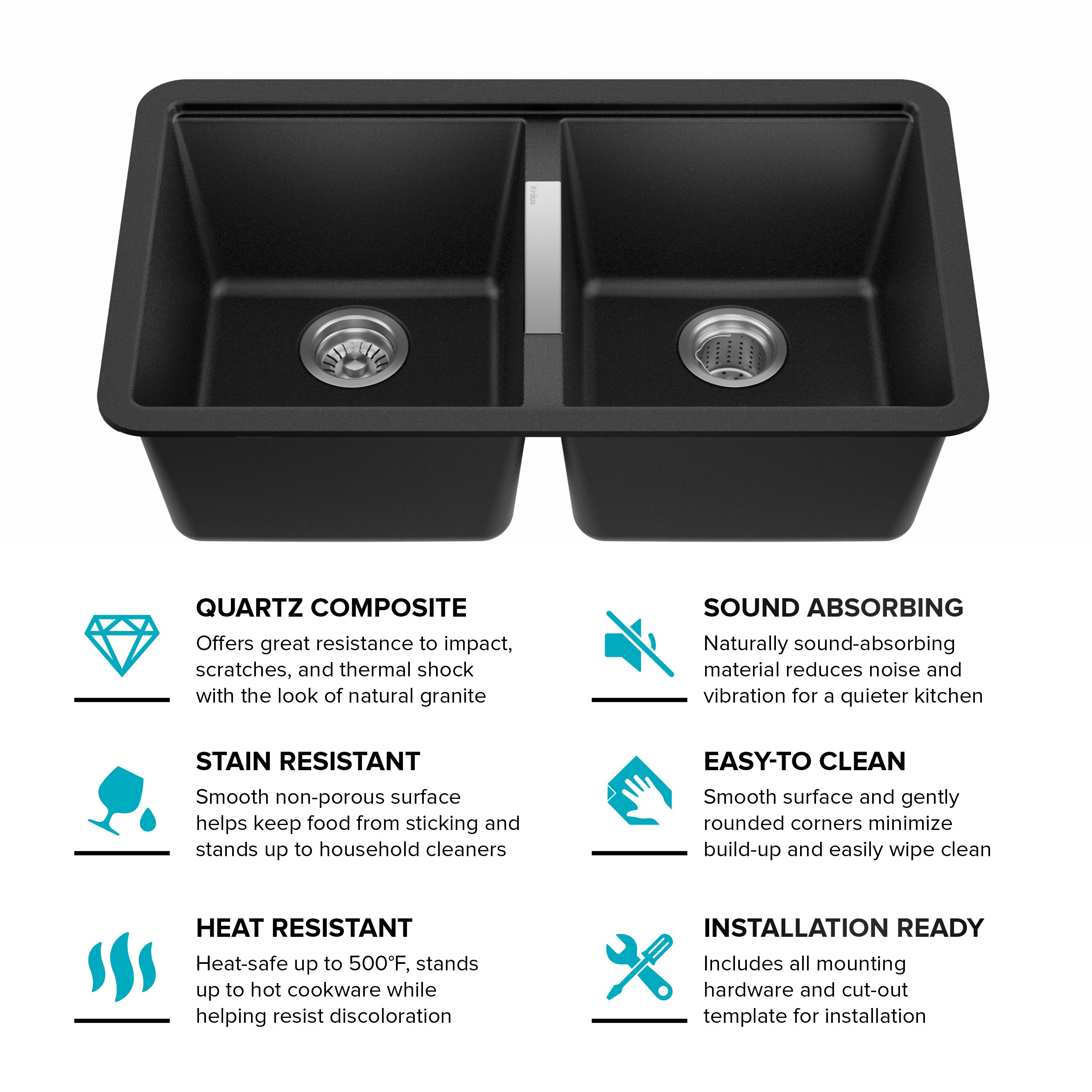 KRAUS 33 inch L Undermount 50/50 Double Bowl Black Onyx Granite Kitchen Sink