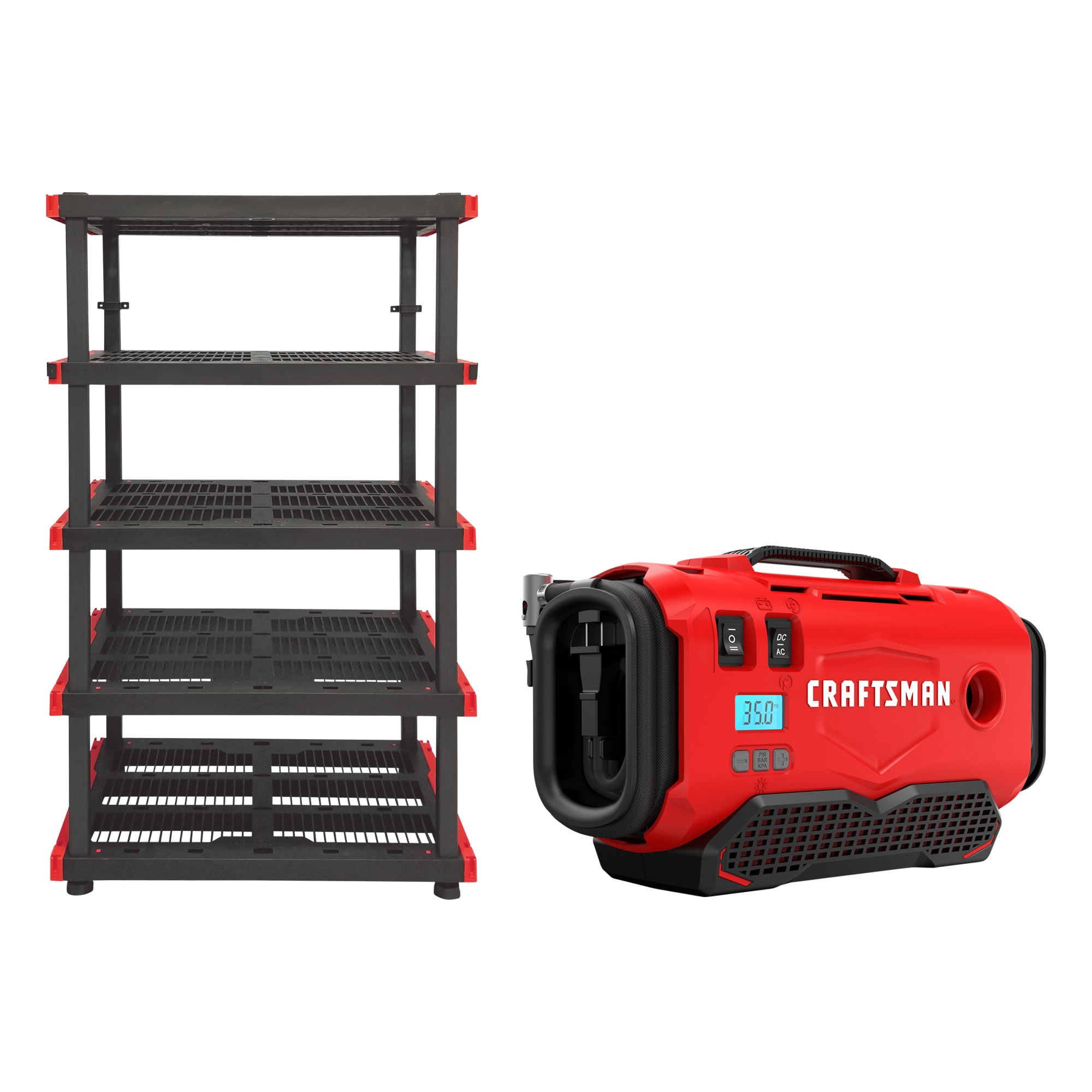 CRAFTSMAN Plastic Heavy Duty 5-Tier Utility Shelving Unit (40-in W x 24-in D x 72-in H) & 20-volt Max / 120 Lithium Ion (li-ion) Air Inflator