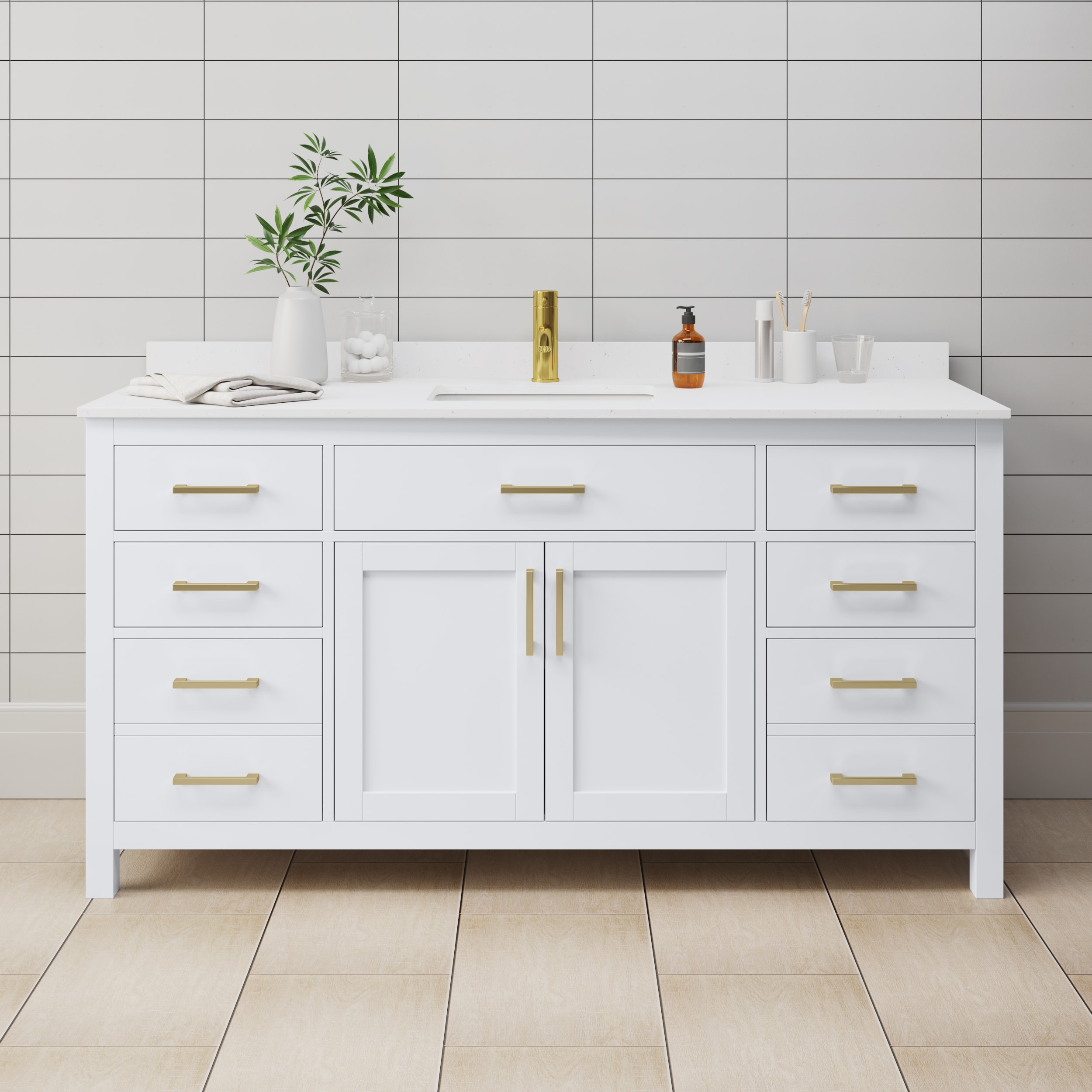 Wyndham Collection WCG242466SWGWCUNSMXX Beckett 66-in White with Brushed Gold Trim Undermount Single Sink Bathroom Vanity with White Cultured Marble Top