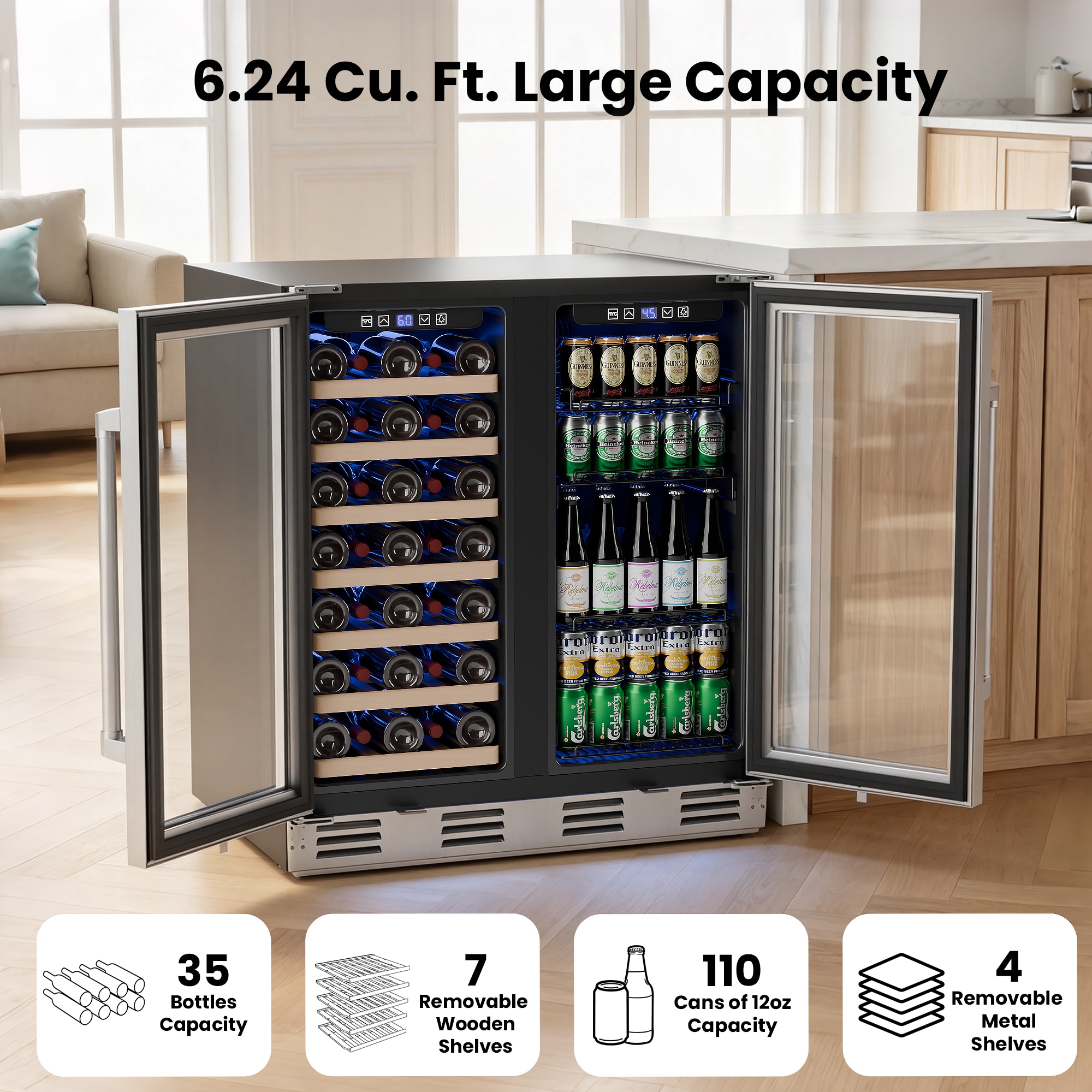 IUDommy 30.5 in. W 35 Bottles and 110 Cans Dual Zone Beverage Refrigerator Built-in/Freestanding Wine Cooler Stainless Steel Sansujyuku sansujyuku.com