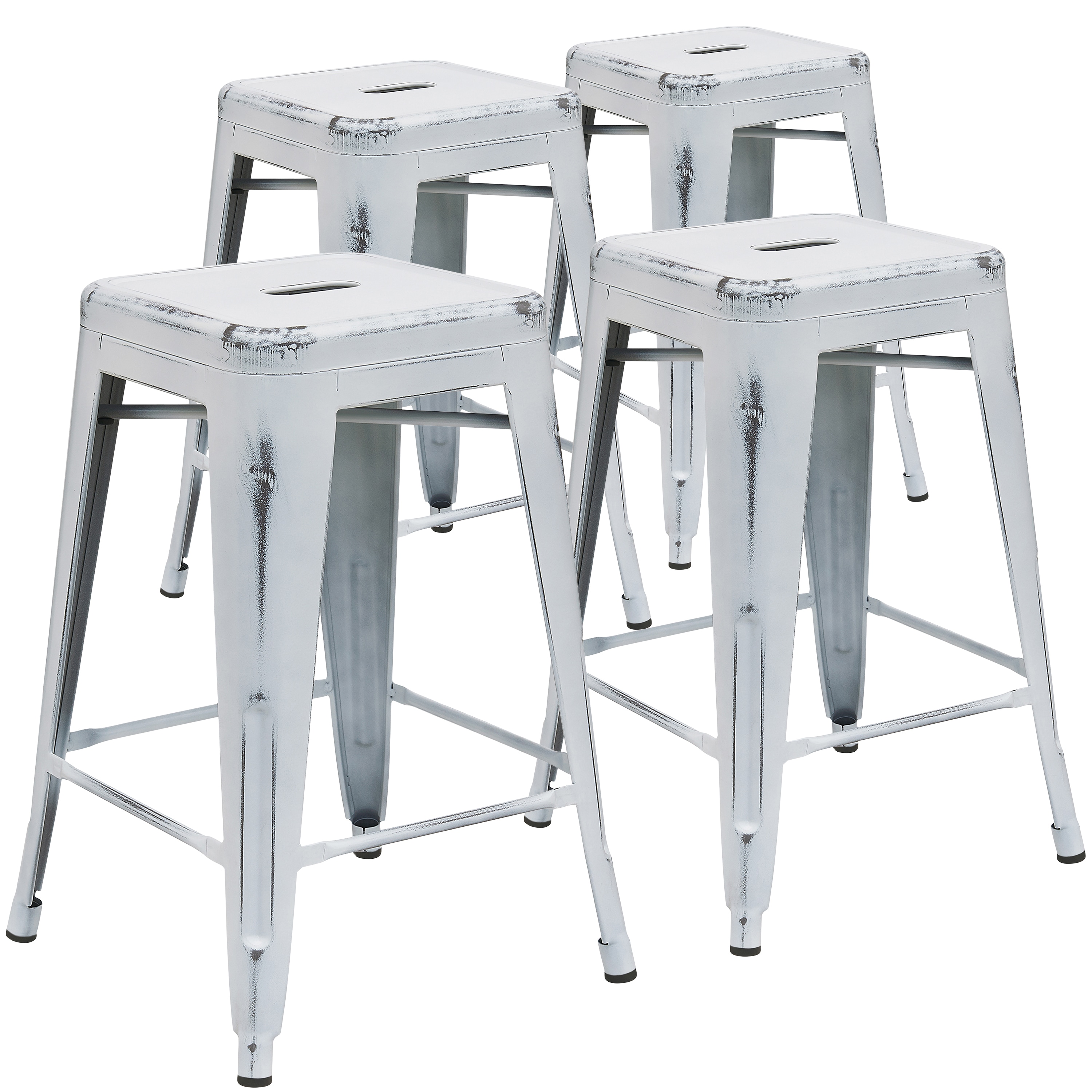 Flash Furniture 889142044505 Kai Commercial Grade 4 Pack 24-in High Backless Distressed White Metal Indoor-Outdoor Counter Height Stool