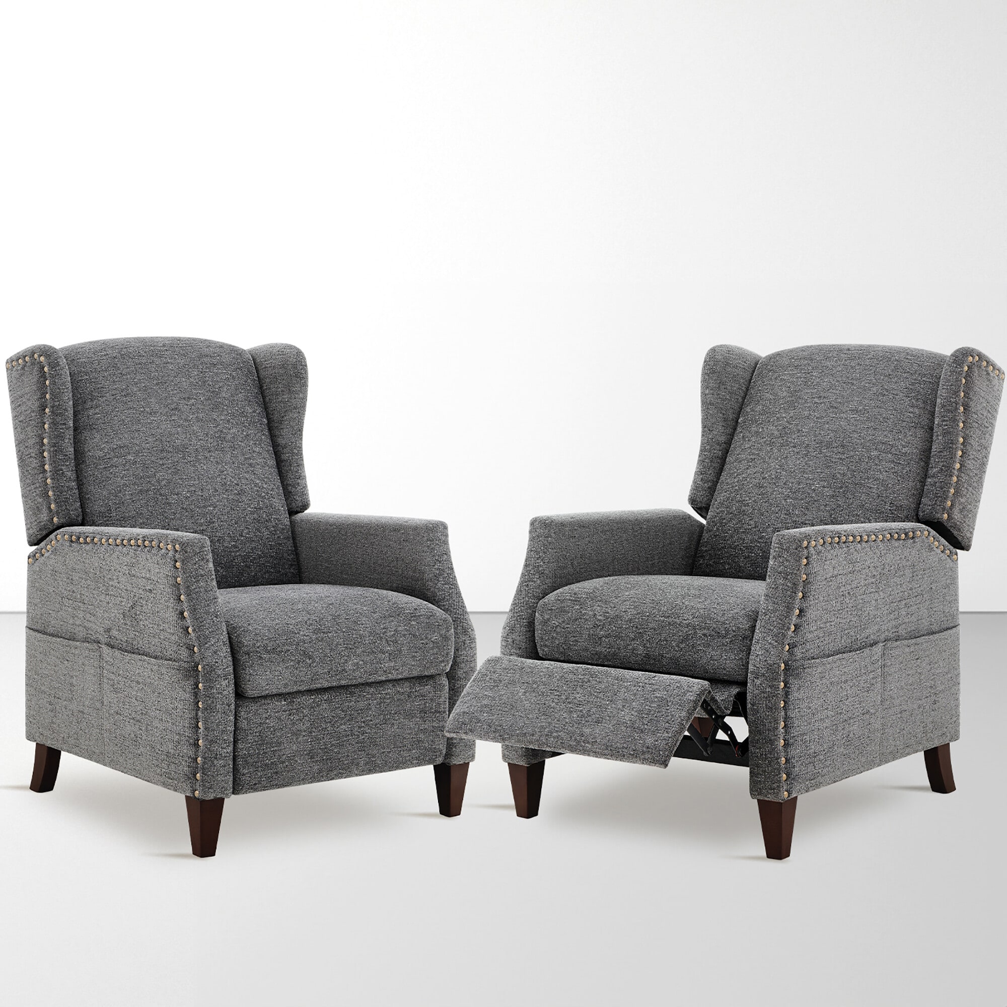 ViviHav - Set of 2 Dark Gray Fabric Push-Back Recliner Chair with Nailhead Trim and Storage Pockets