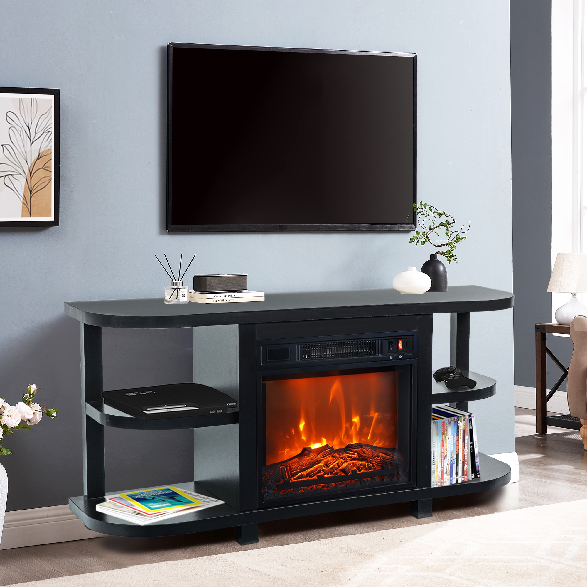 IHOMEadore BBJ01063-48-18C-BK 48-in W Black TV Stand with LED Wall-mount Electric Fireplace