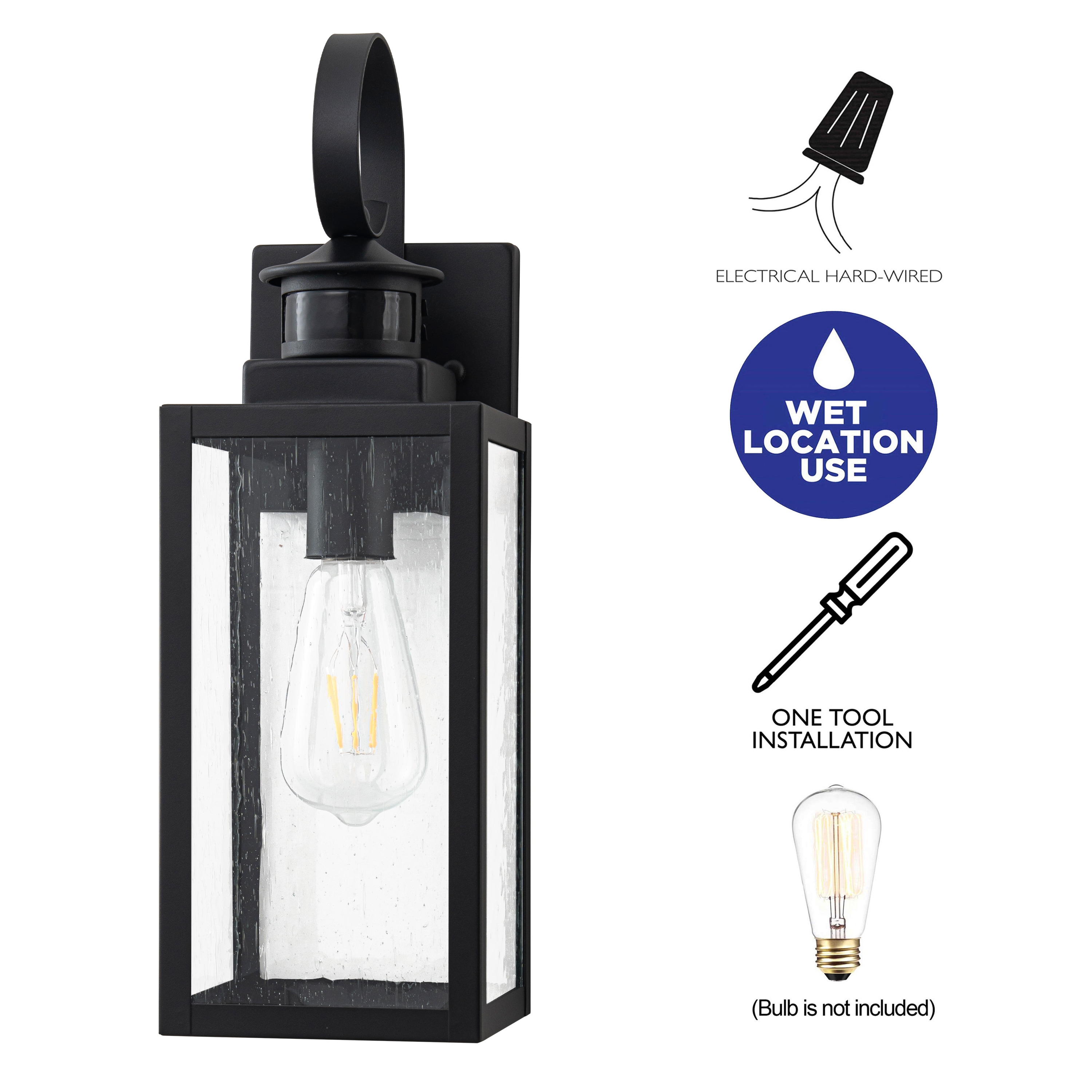 Matte Black Motion Sensor Outdoor Wall Lantern with Clear Glass