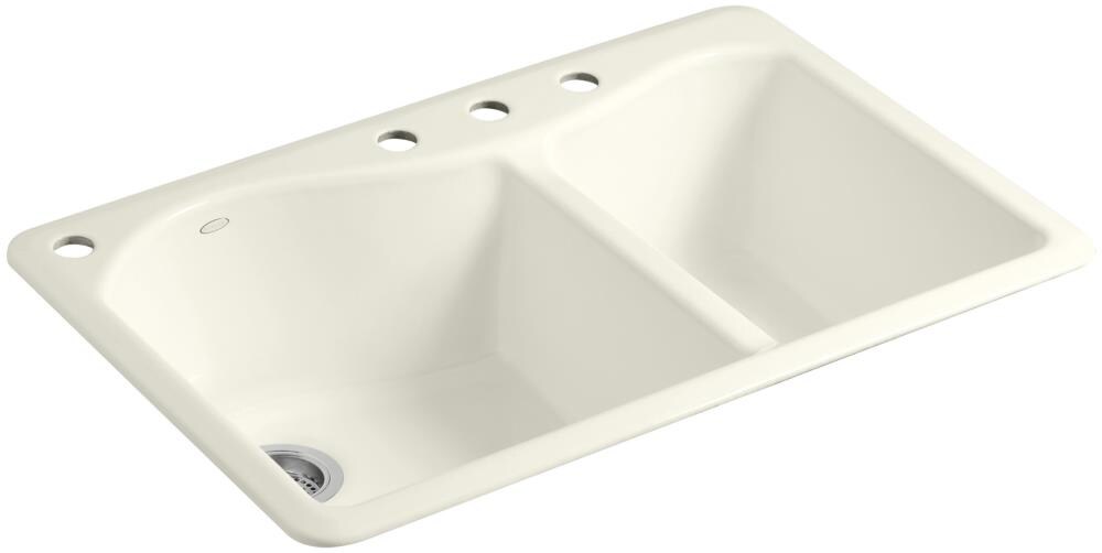Almond Kohler K-5841-2-47 Lawnfield Self-Rimming Offset Double Basin Sink with 2-Hole Faucet Drilling