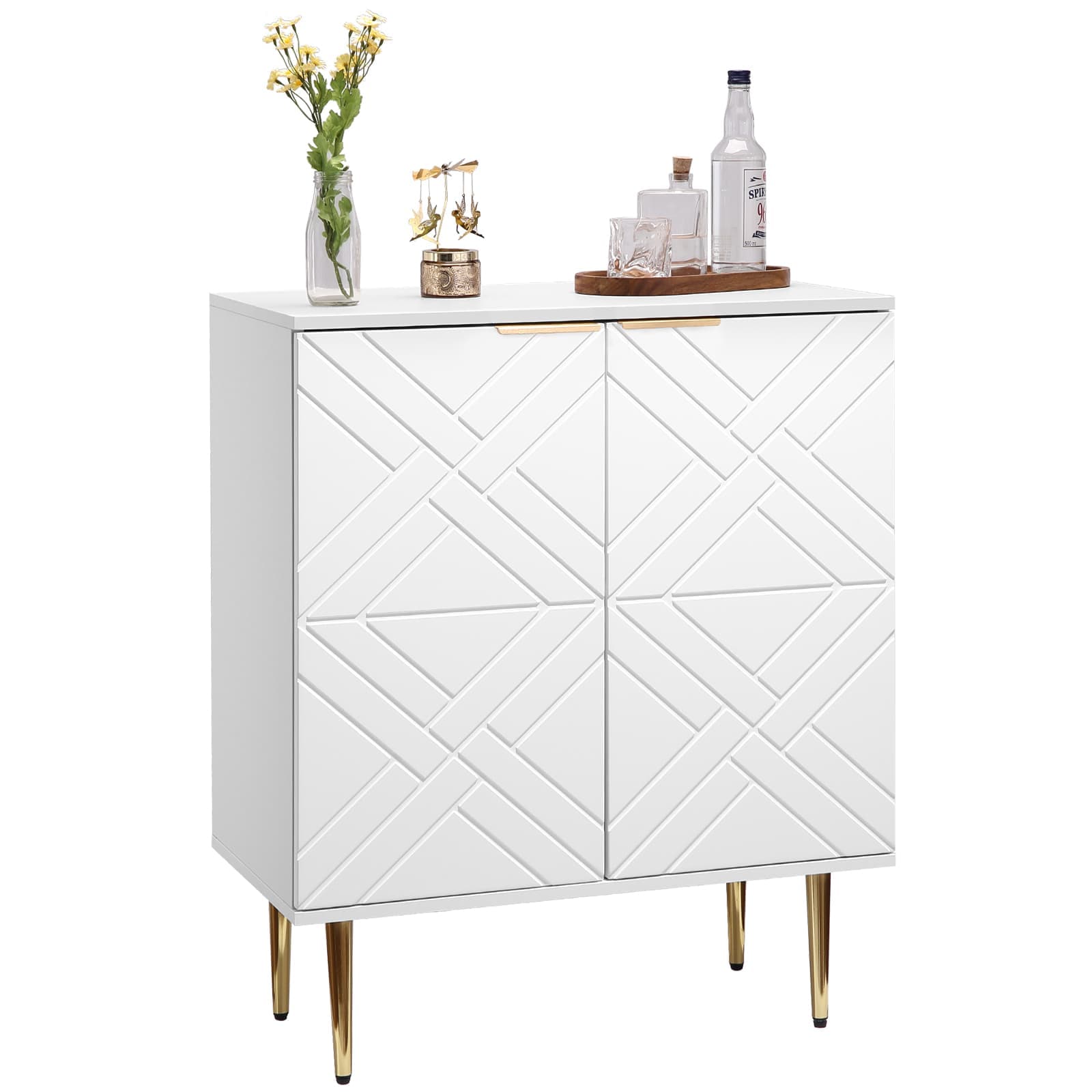 Qeetex JXNAG-PHO-10UDPDOZ Storage Cabinet Modern Accent Cabinet with 2 Decorative Embossed Pattern Doors Wood Buffet Cabinet with Inner Shelf for Living Room Entryway Kitchen-White