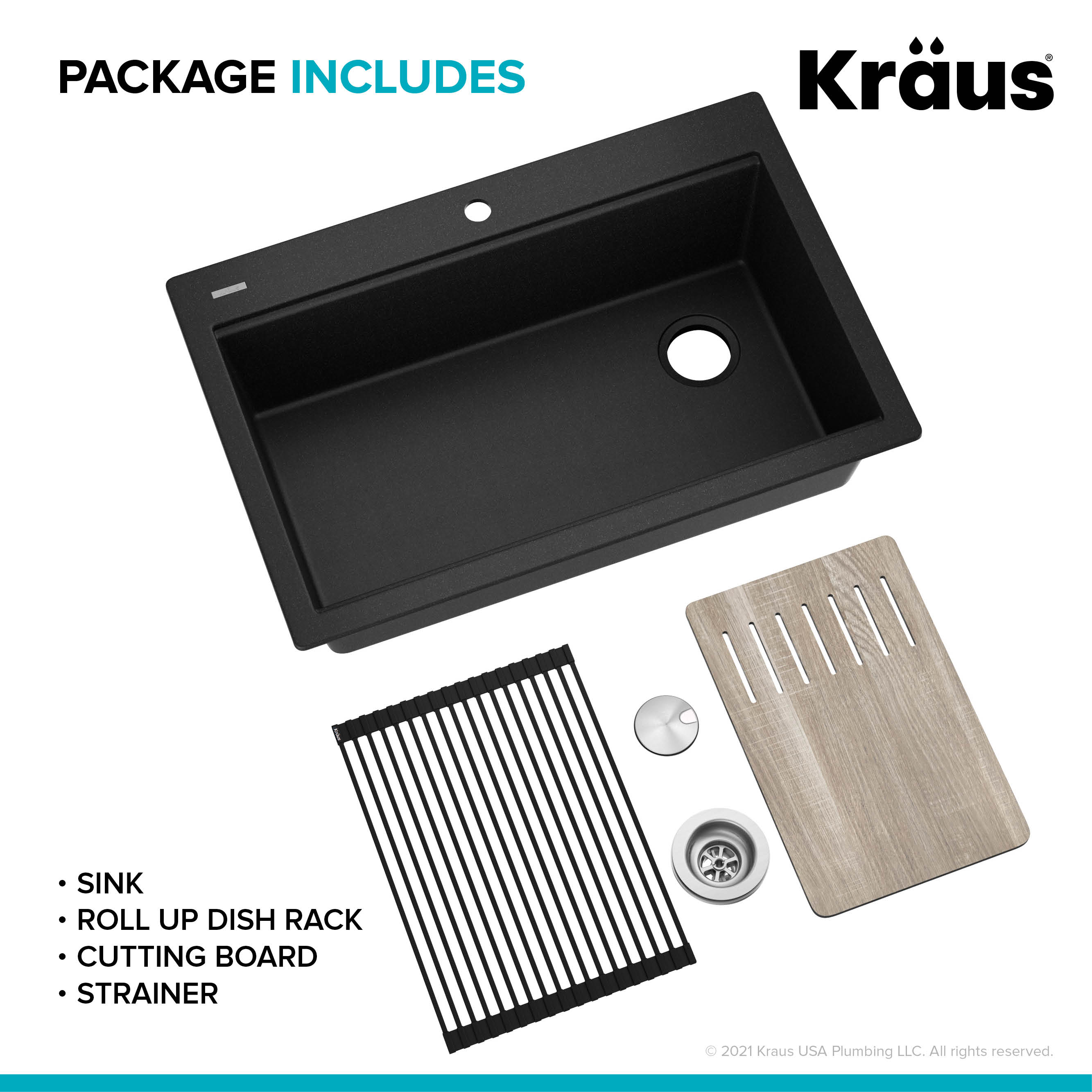 33 in. Metallic Black Granite Composite Single Bowl Kitchen Sink with Accessories