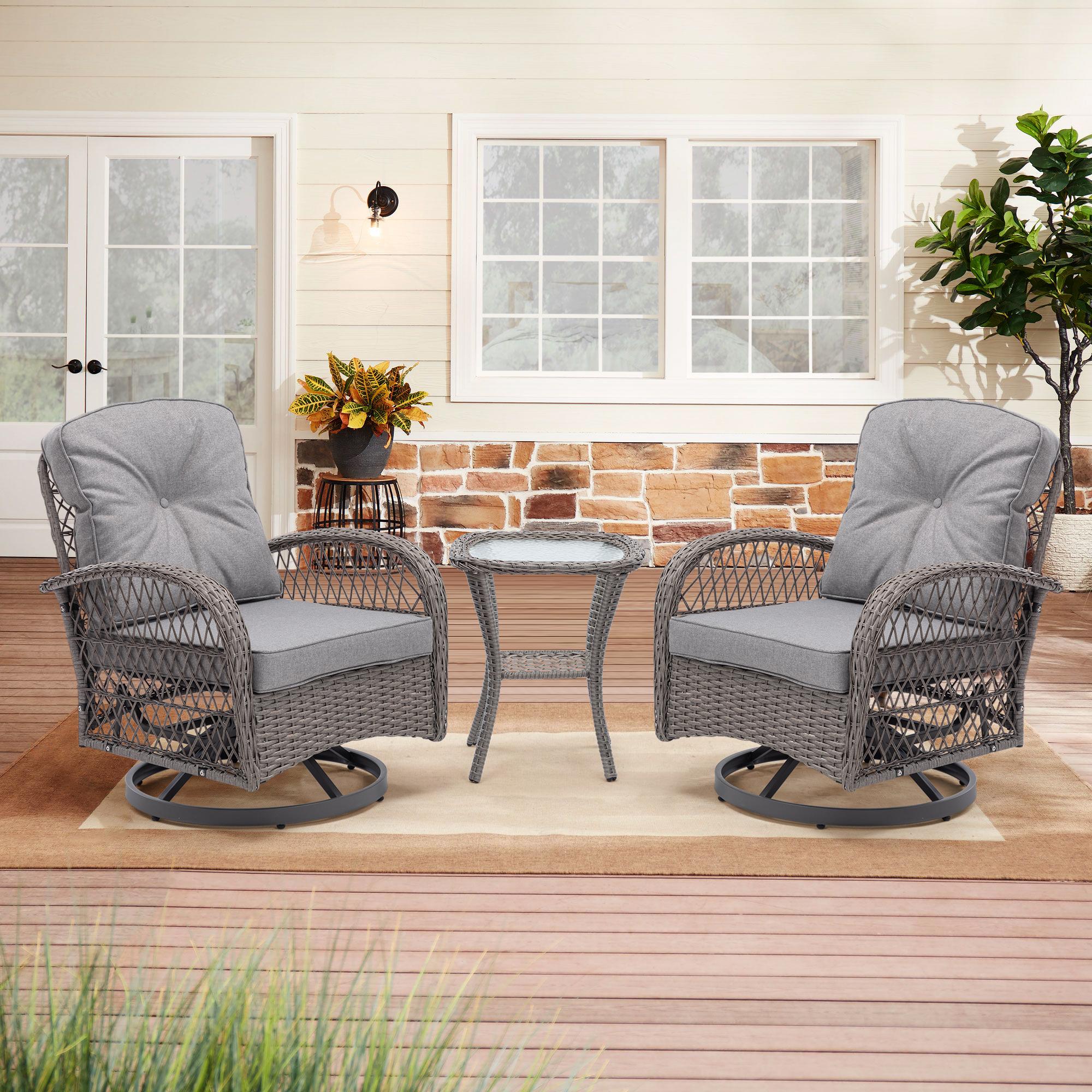 BABOOM BOM-0142357-OR Rocking Patio Conversation Set 3 -Piece Wicker Patio Conversation Set with Gray Polyester Cushions