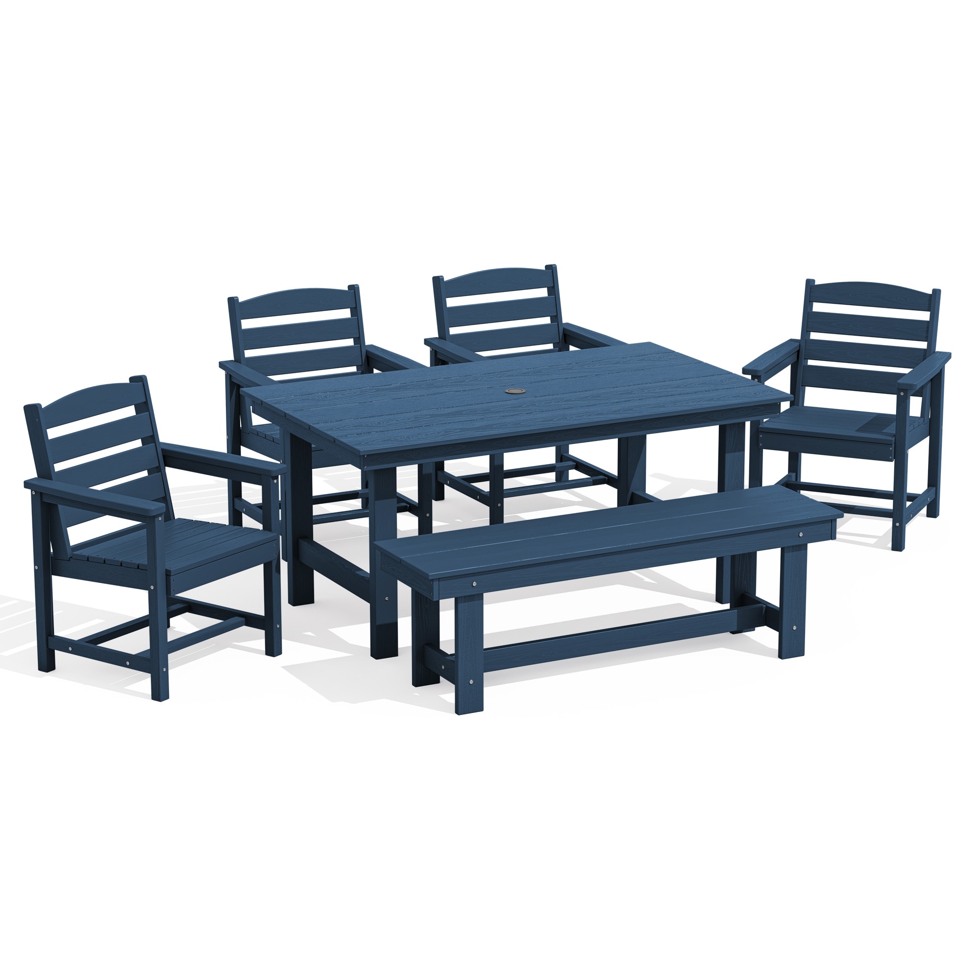 JEAREY PEJYCZY06-NY 6-Pieces HDPE Dining Set with 4 Chairs,1 Bench,1 Table 6 -Piece Navy Patio Dining Set Plastic Rectangle Table with 4 Stackable Stationary Chairs