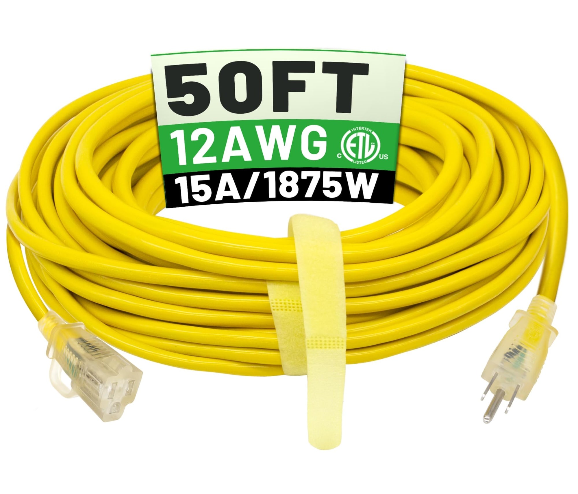 Afoxsos  50 ft Outdoor Extension Cord 12 Gauge 3 Prong Heavy Duty Waterproof SJTW Yellow Lighted End Flexible Cold Resistant ETL Listed 15 Amp