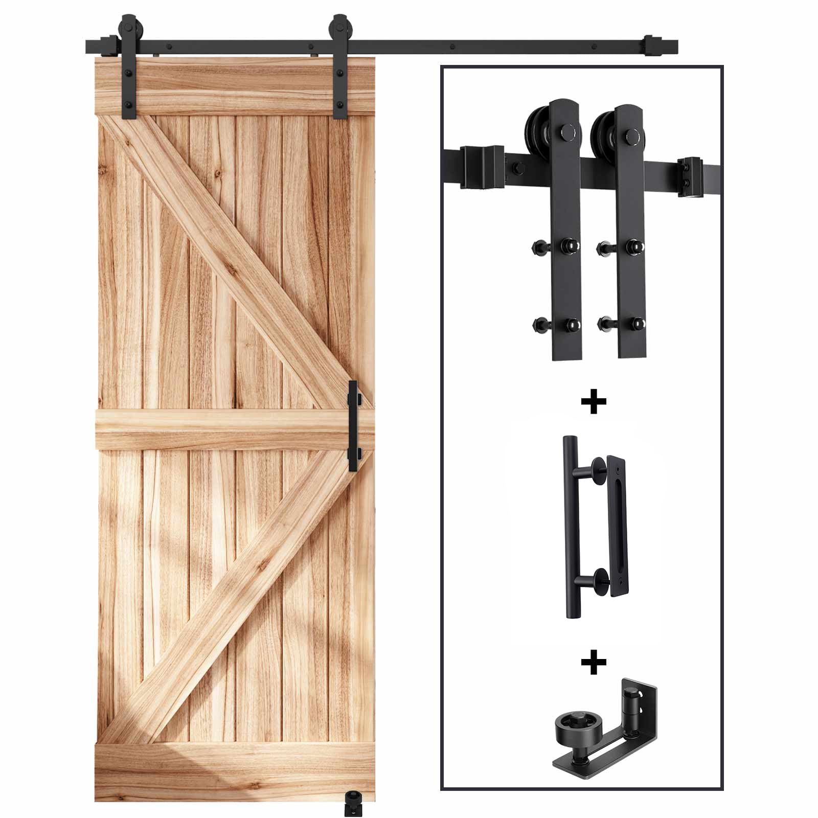 Phyfalip  4 FT Sliding Barn Door Hardware Kit for 24 Inch Wide Single Door Black Aluminum Track with Handle Set Smooth Quiet Ball Bearing Rollers