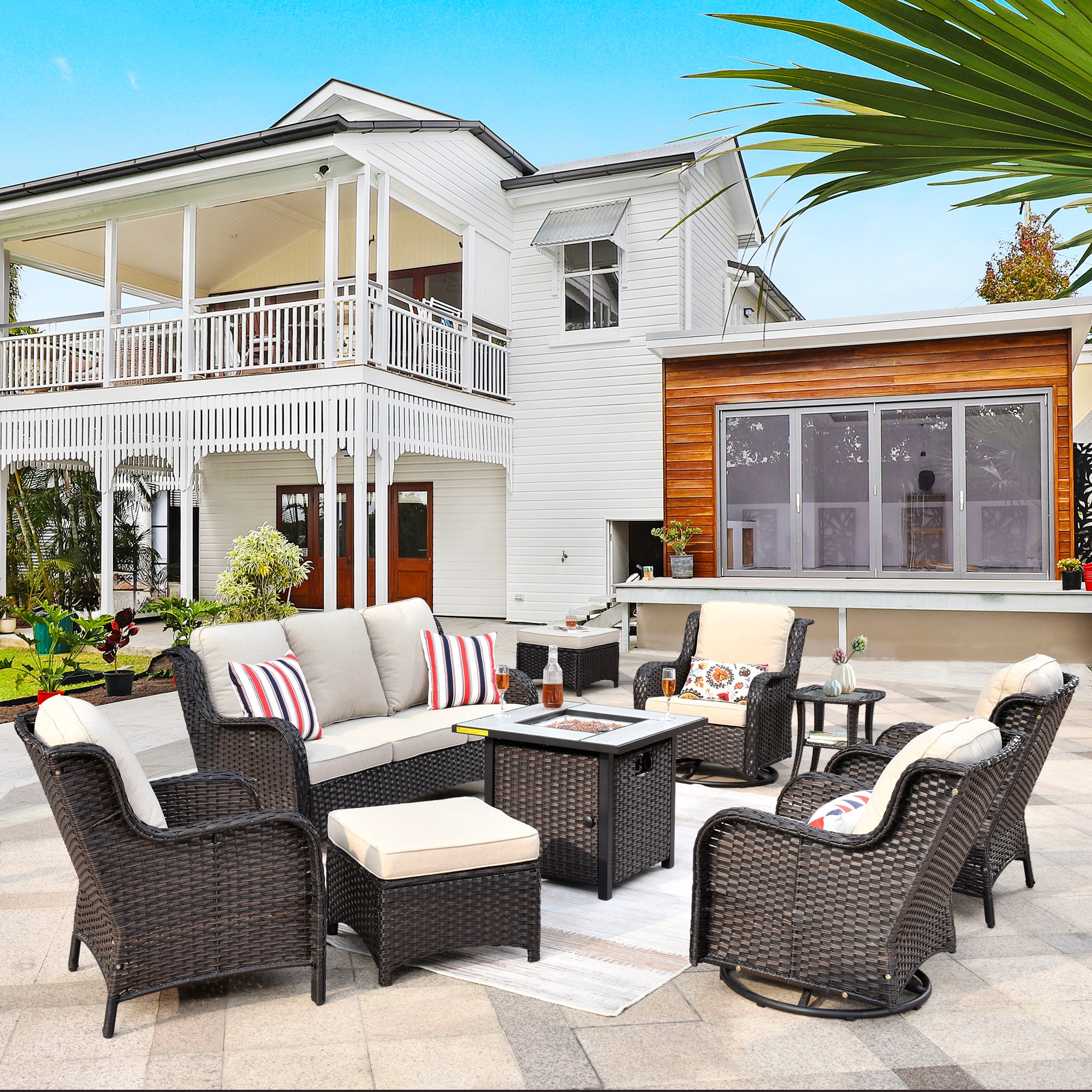 Pouuin SFPNTC609 9 -Piece Wicker Patio Sofa Conversation Set with Beige Cushions