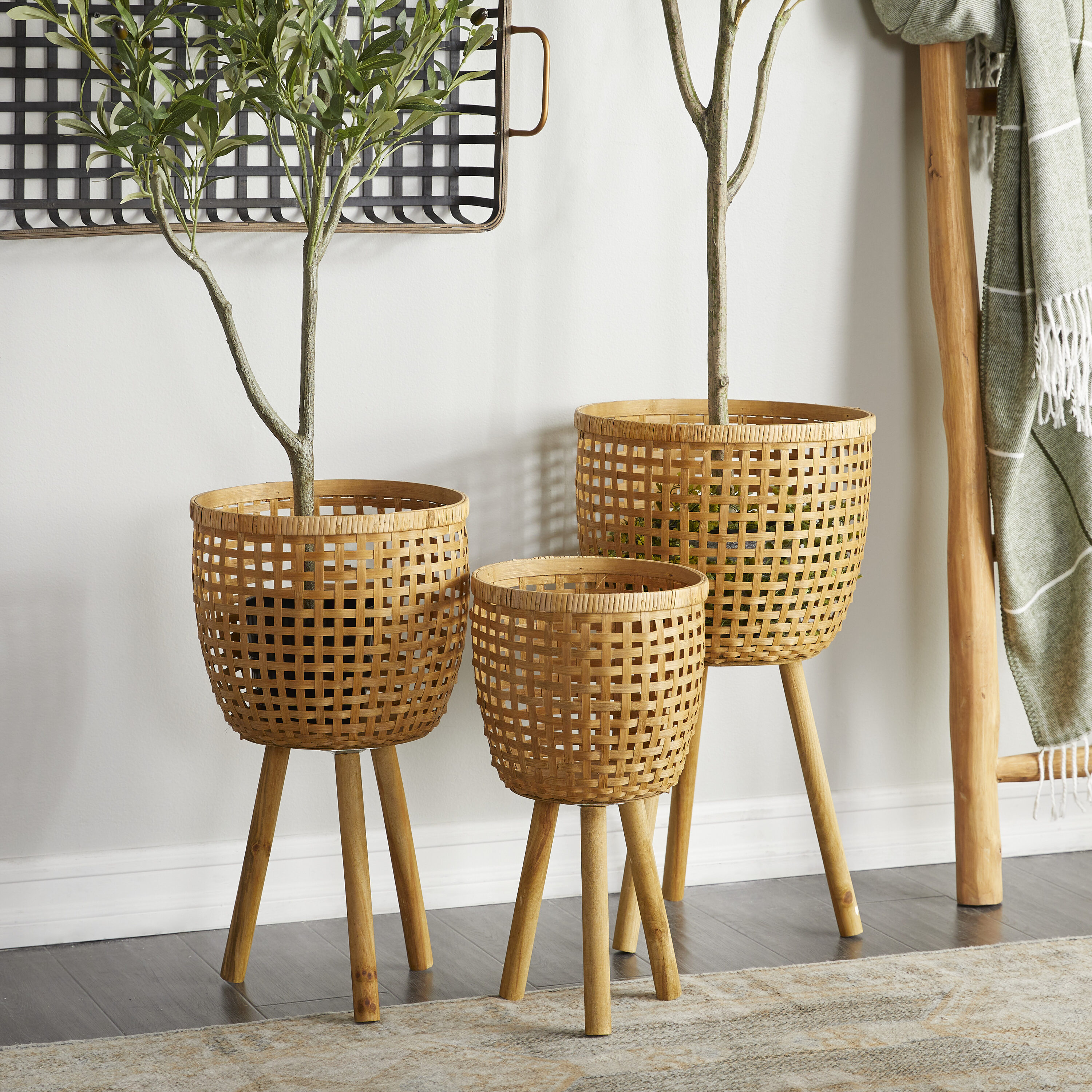 Bamboo Adjustable Plant Stand + Jute & White Pot Basket