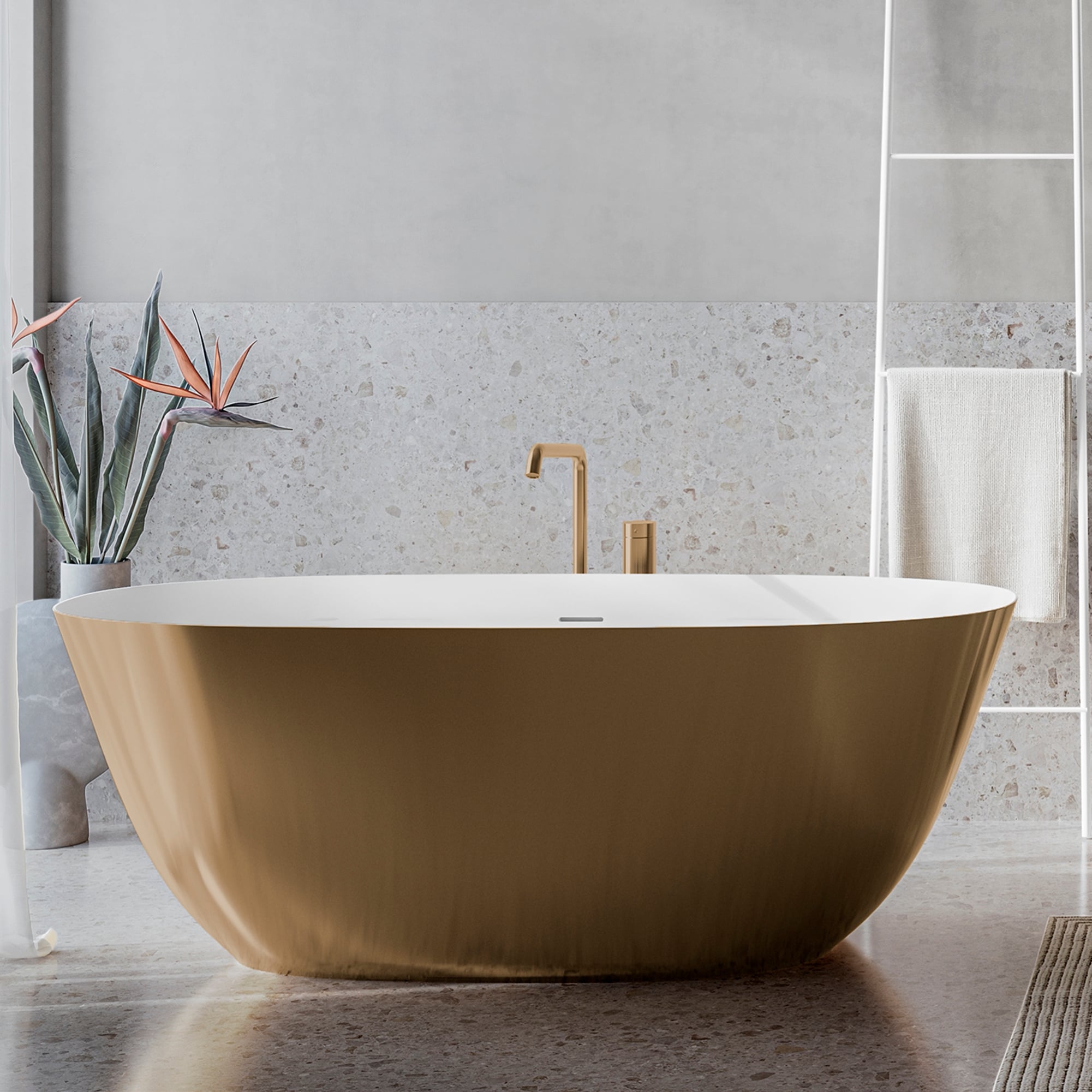 Ruvati Sinatra 31.5-in x 71-in Satin Matte Gold Solid Surface Oval Freestanding Soaking Bathtub with Drain ( Center Drain )