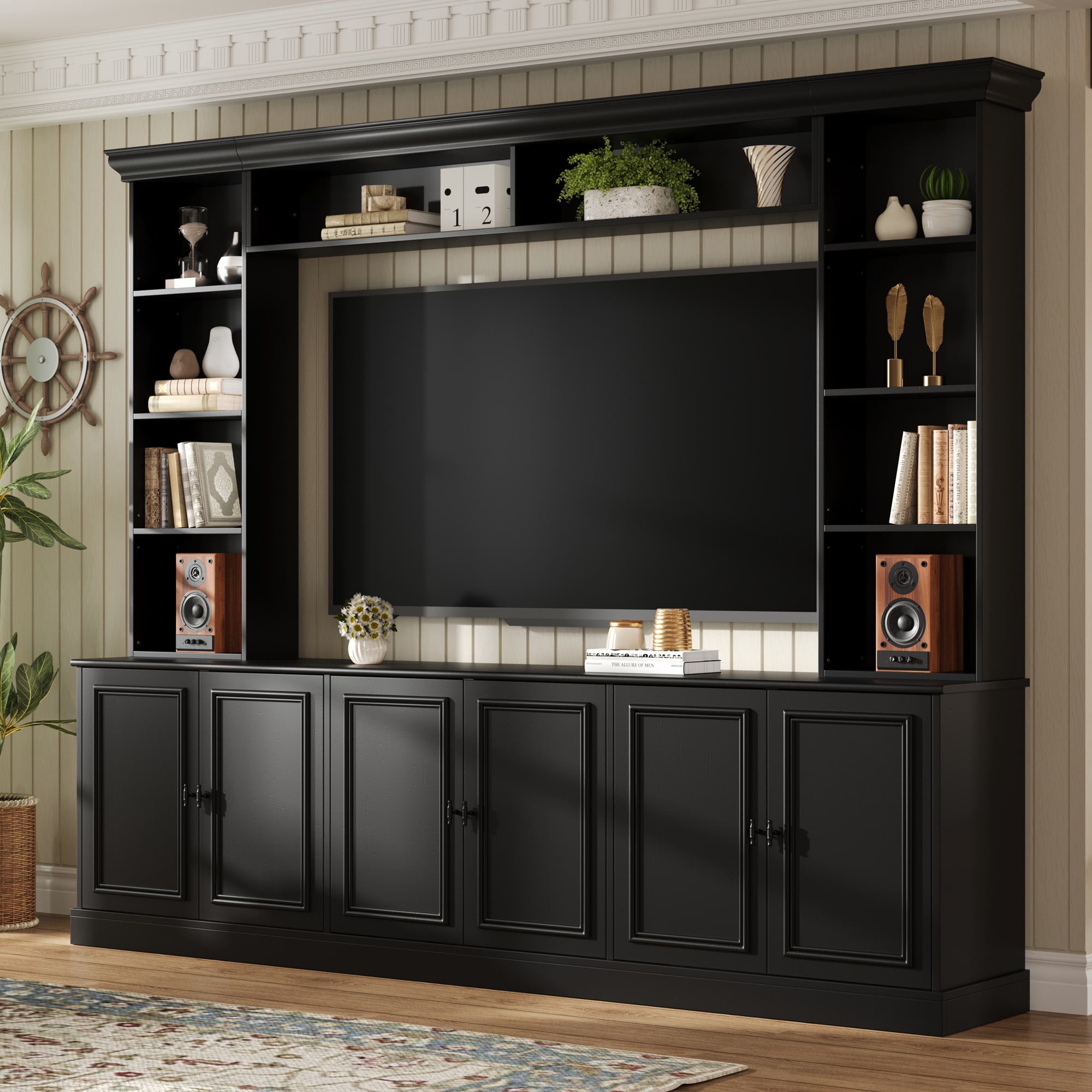 LOVMOR SF-Y-N721S000048B ON TREND 97.4inW Elegant 4 Piece Wall Unit Entertainment Center with Bookshelf for TVs Up to 70in Versatile TV Stand with Adjustable Shelf Mid Century Media Console with Bridge for Living Room Black