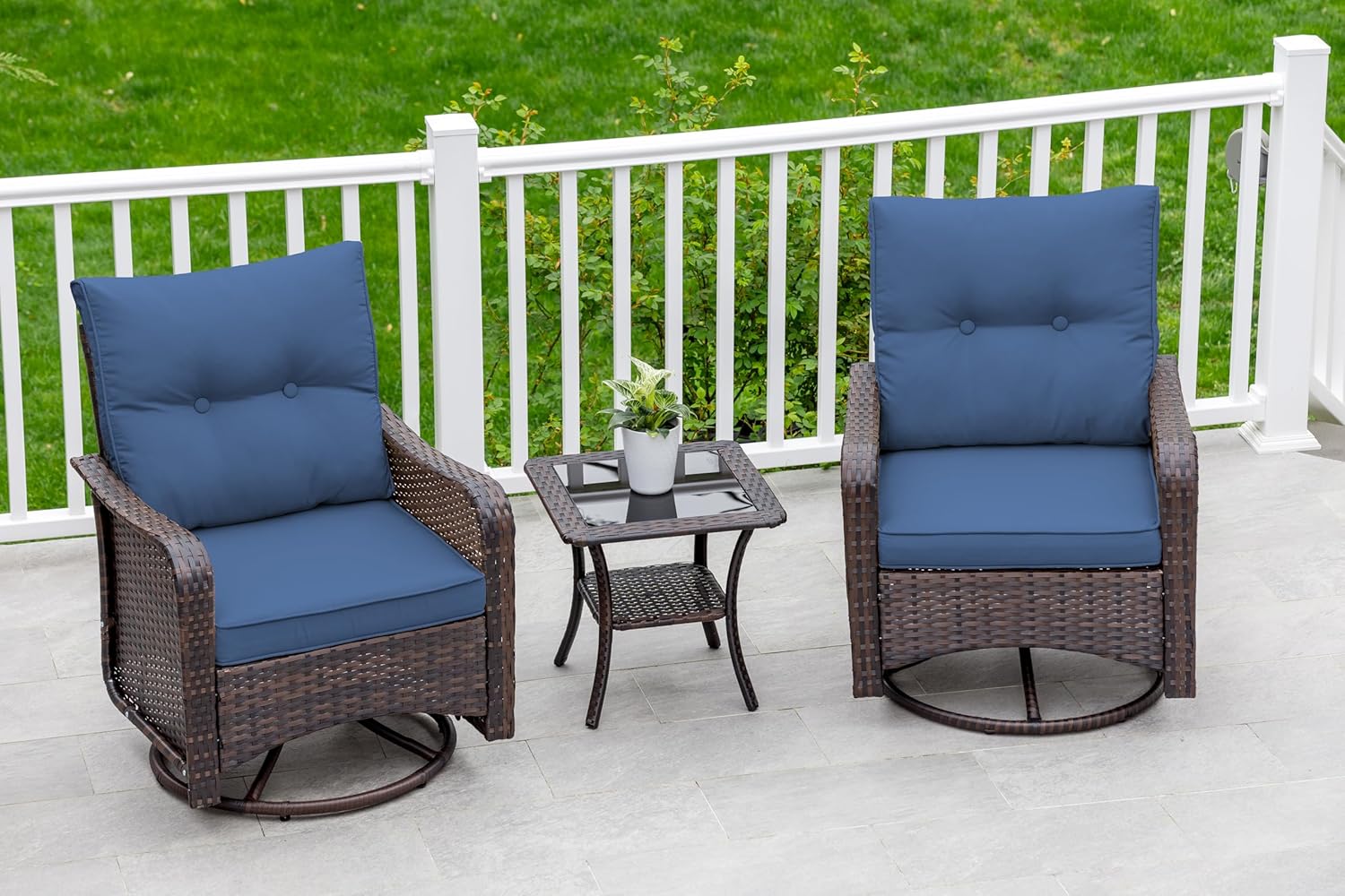 ALAULM LS-SRC-NAVY Wicker Swivel Rocking Chair Set Set of 2 Wicker Brown Wicker Frame Swivel rocker Rocking Chair with Blue Solid Seat
