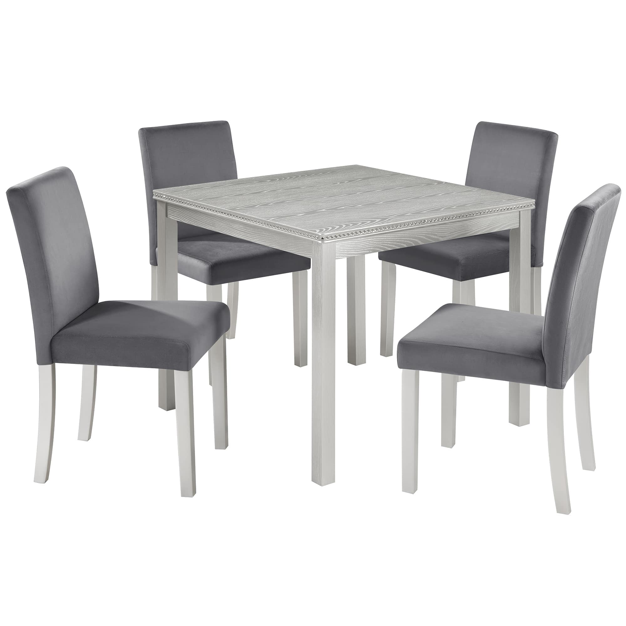 Vynxaria  5 Piece Wooden Dining Table Set Square Table with 4 Upholstered Chairs Crystal Decoration for Kitchen Dining Room Silver Grey 330lbs Capacity